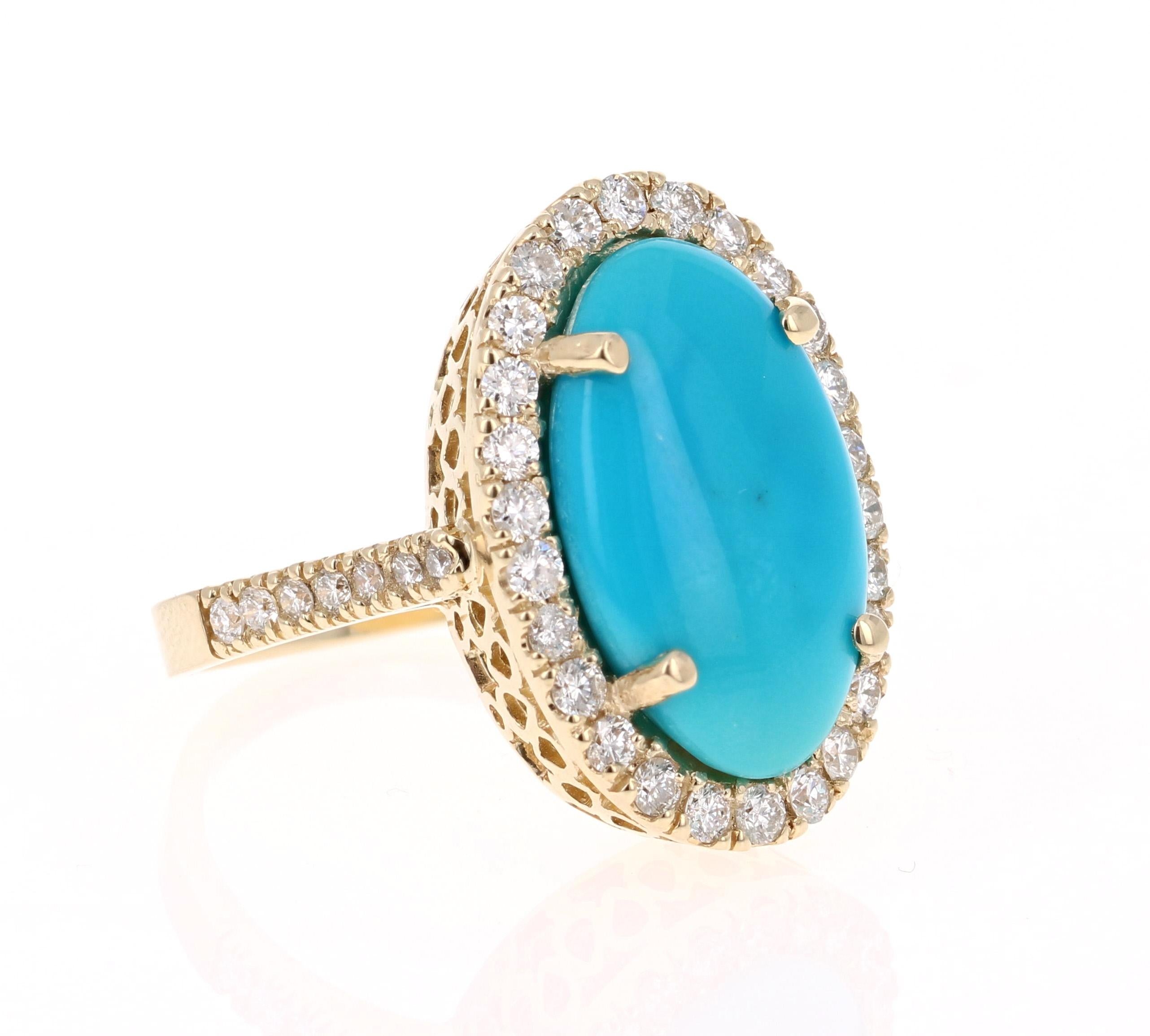 Beautiful Turquoise Diamond Cabochon Cocktail Ring!
The Oval Cut Cabochon Turquoise is 6.54 Carats and has a halo of 40 Round Cut Diamonds weighing 0.99 Carats.  The Clarity and Color of the Round Cut Diamonds is SI-F.   The total Carat Weight of