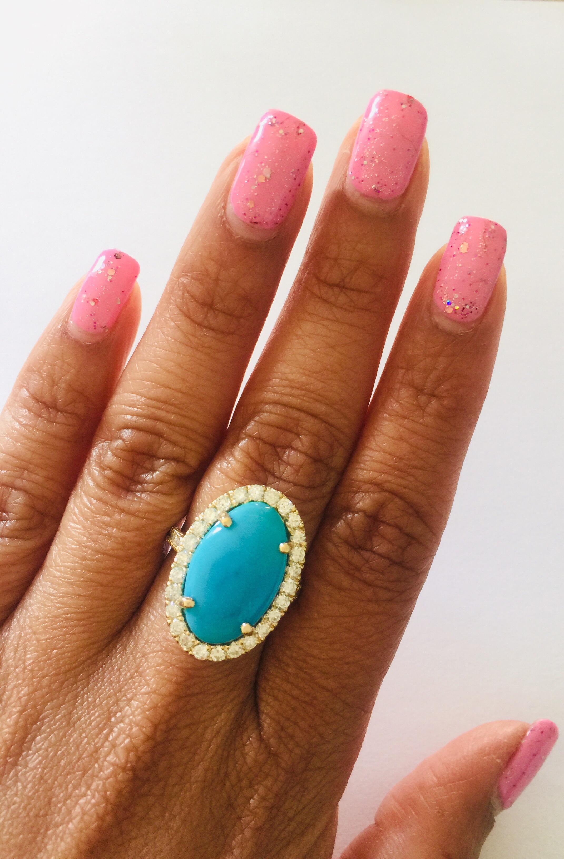 Bague cocktail en or jaune 14 carats avec turquoise de 7,53 carats et diamants Neuf à Los Angeles, CA