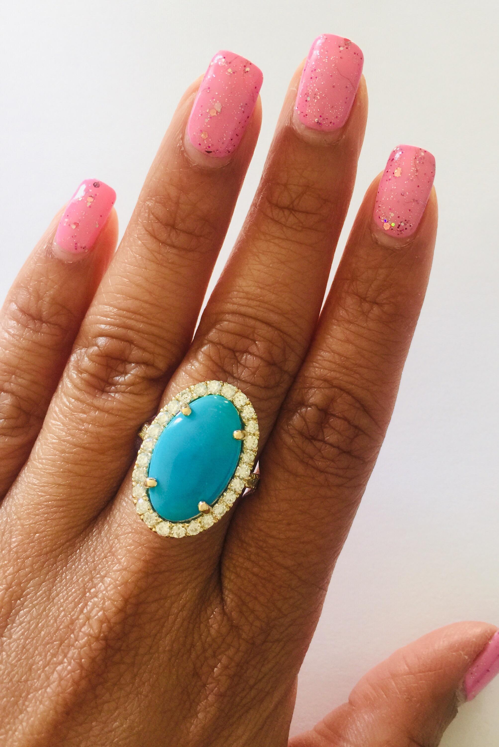 7.53 Carat Turquoise Diamond 14 Karat Yellow Gold Cocktail Ring In New Condition For Sale In Los Angeles, CA