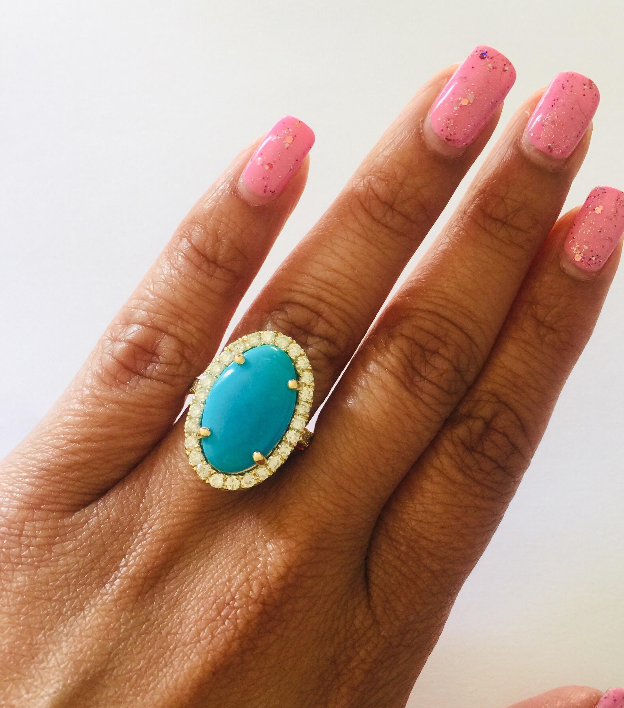 Bague cocktail en or jaune 14 carats avec turquoise de 7,53 carats et diamants en vente 1