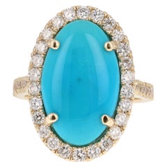 Bague cocktail en or jaune 14 carats avec turquoise de 7,53 carats et diamants