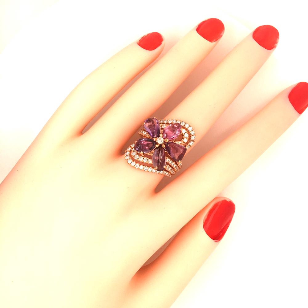 7.53 Carat Cabochon  Pink Sapphire flower 1.27 Carat of Diamond rose Gold Ring 2