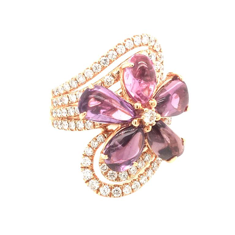 7.53 Carat Cabochon  Pink Sapphire flower 1.27 Carat of Diamond rose Gold Ring