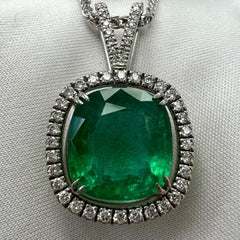 7.53ct GIA Certified Rare Russian Emerald & Diamond 18k White Gold Halo Pendant