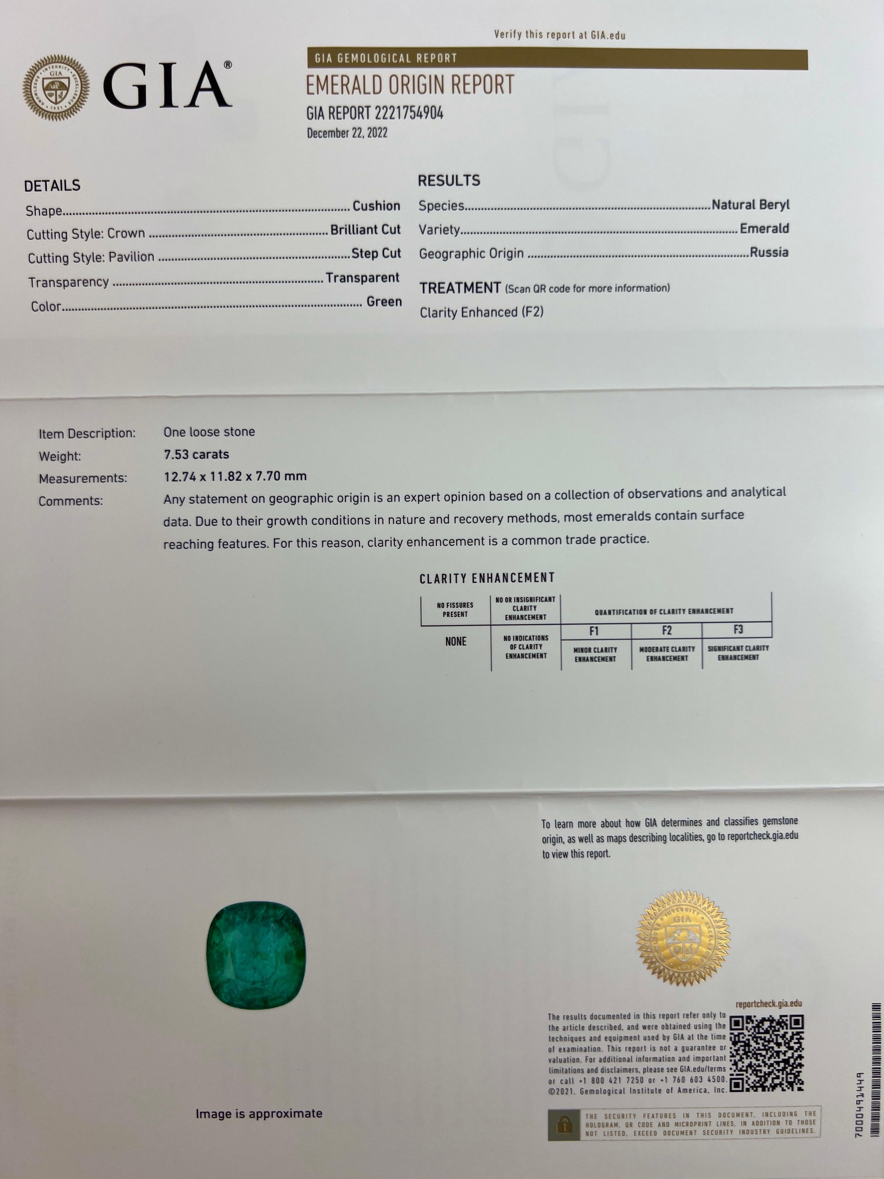 7.53ct GIA Certified Rare Russian Emerald & Diamond 18k White Gold Halo Pendant In New Condition In Birmingham, GB