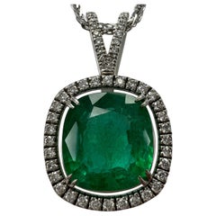 7.53ct GIA Certified Rare Russian Emerald & Diamond 18k White Gold Halo Pendant