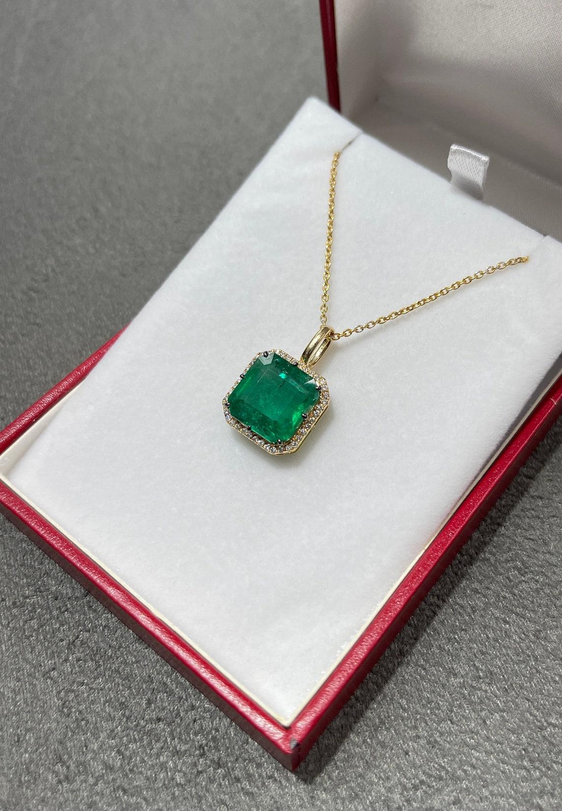 7.53tcw 18K Emerald-Emerald Cut & Diamond Halo Pendant In New Condition For Sale In Jupiter, FL