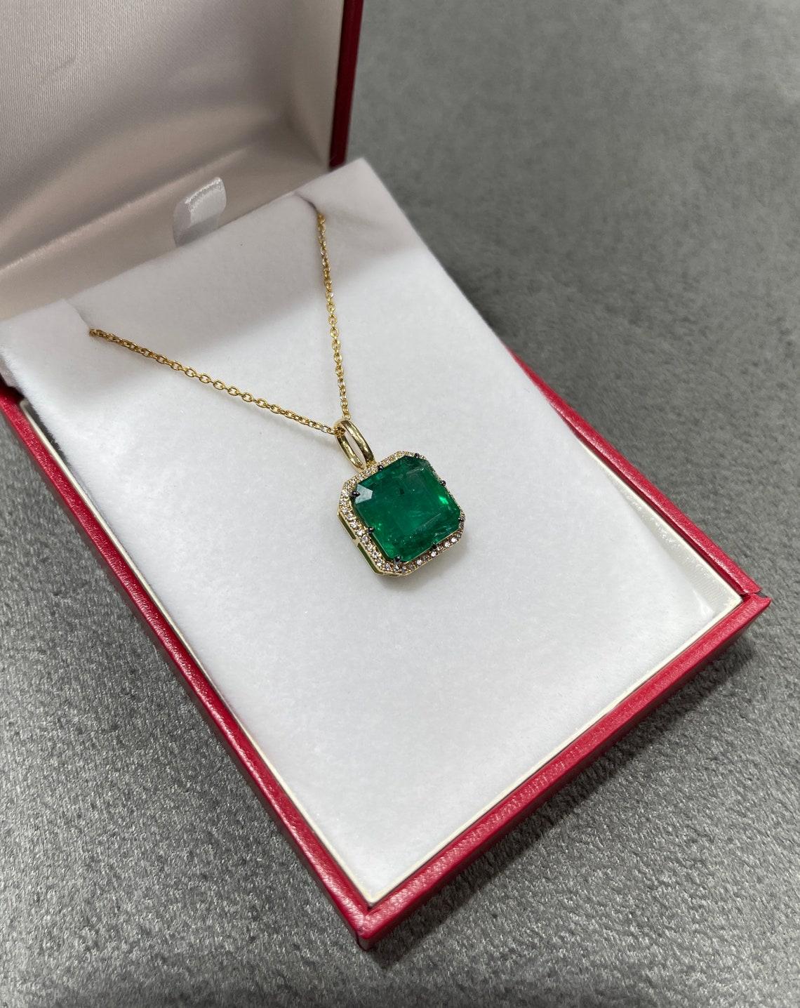 Women's 7.53tcw 18K Emerald-Emerald Cut & Diamond Halo Pendant For Sale