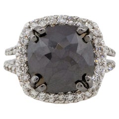 7.54 Carat Black Cushion Shape Diamond Halo Ring 14 Karat in Stock