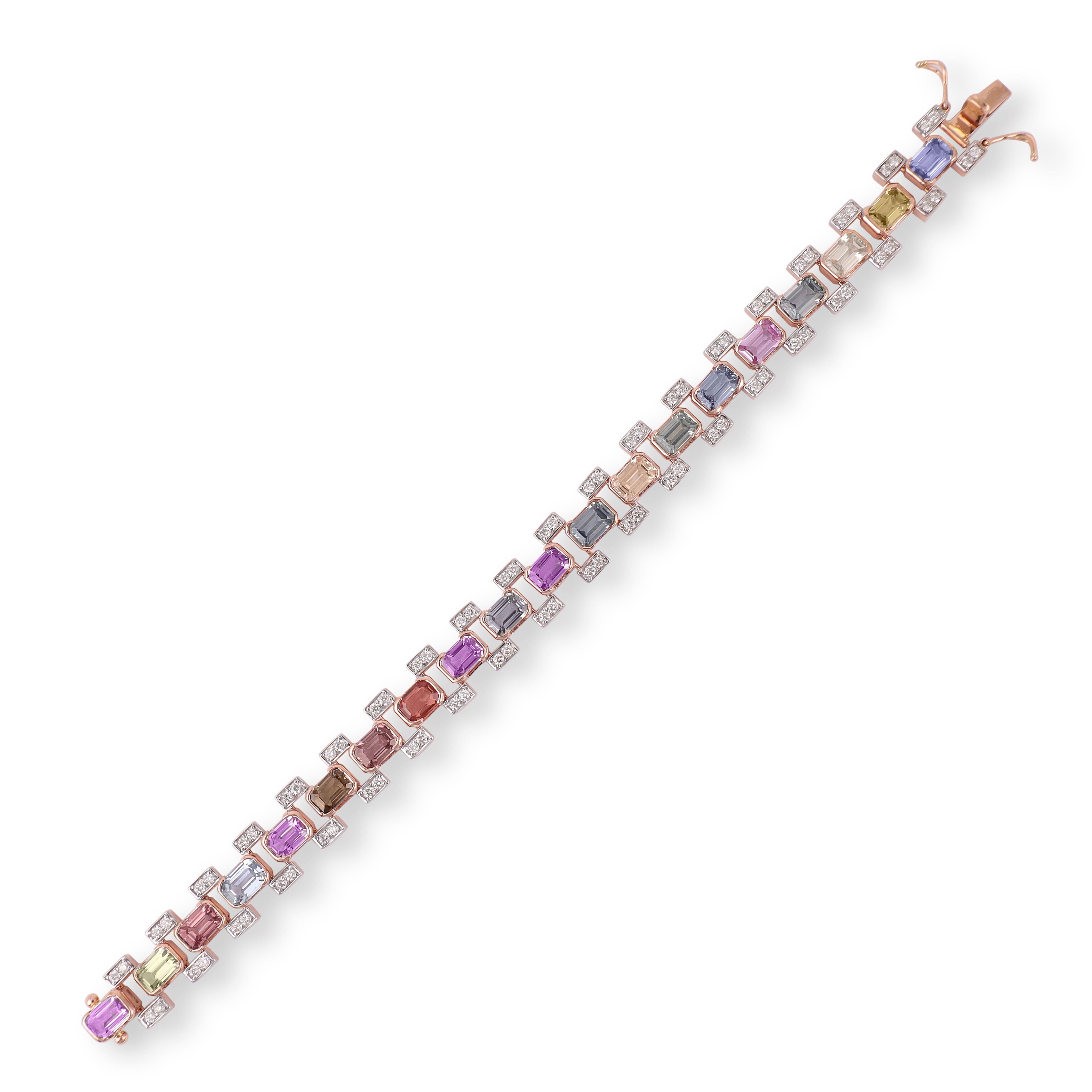 This is an elegant Multi Sapphire 15.38 Carat and Diamond 1.25 Carat bracelet. This bracelet entirely made in 18 karat  gold weight 19.77 grams, this is a classic bracelet.
Size - 7 inch's.
#28231(CBR-0403)sc

 