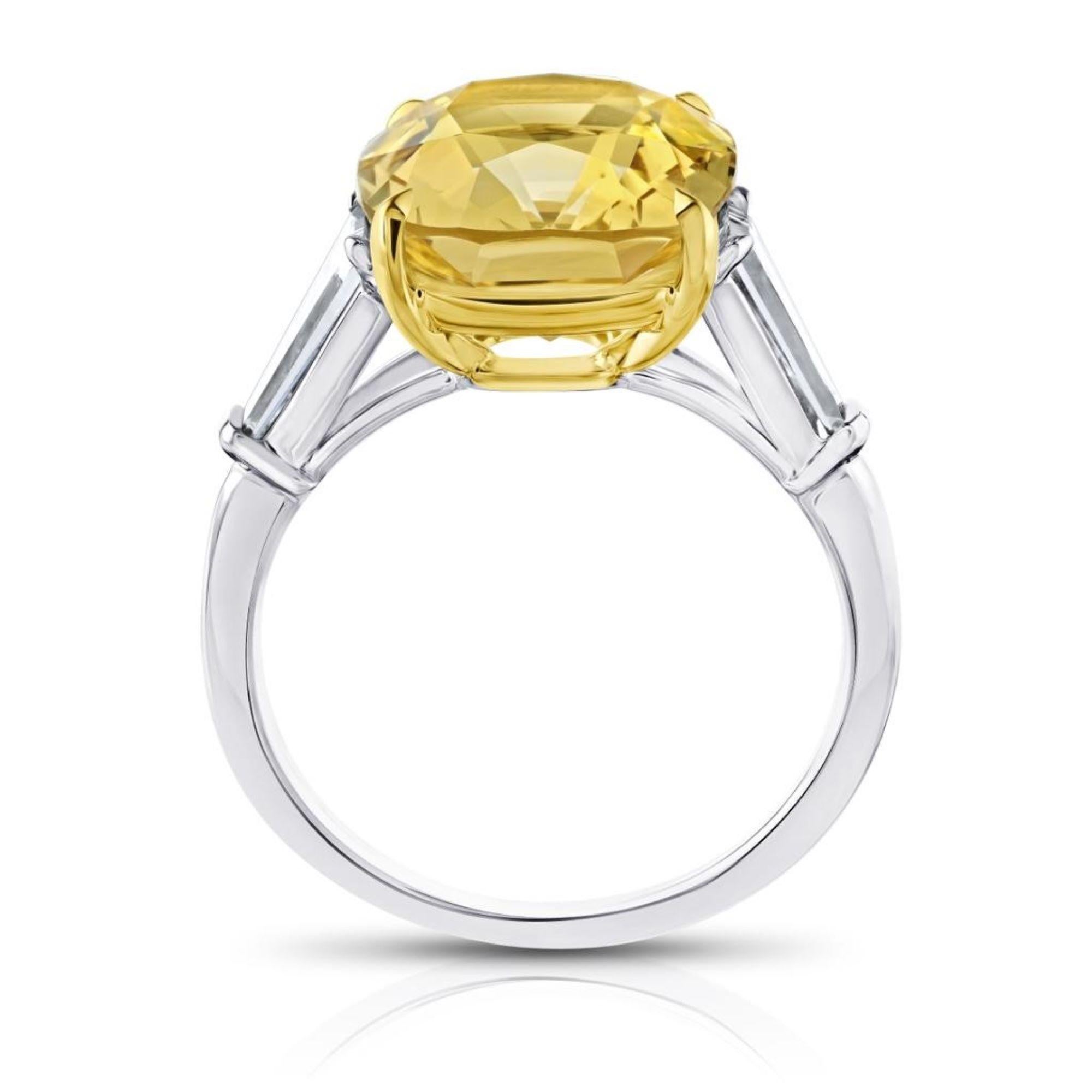 Contemporary 7.54 Carat Cushion Yellow Sapphire and Diamond Platinum Ring For Sale