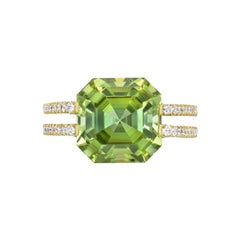 7.54 Carat Square Octagon Mint Green Tourmaline Diamond 18K Yellow Gold Ring