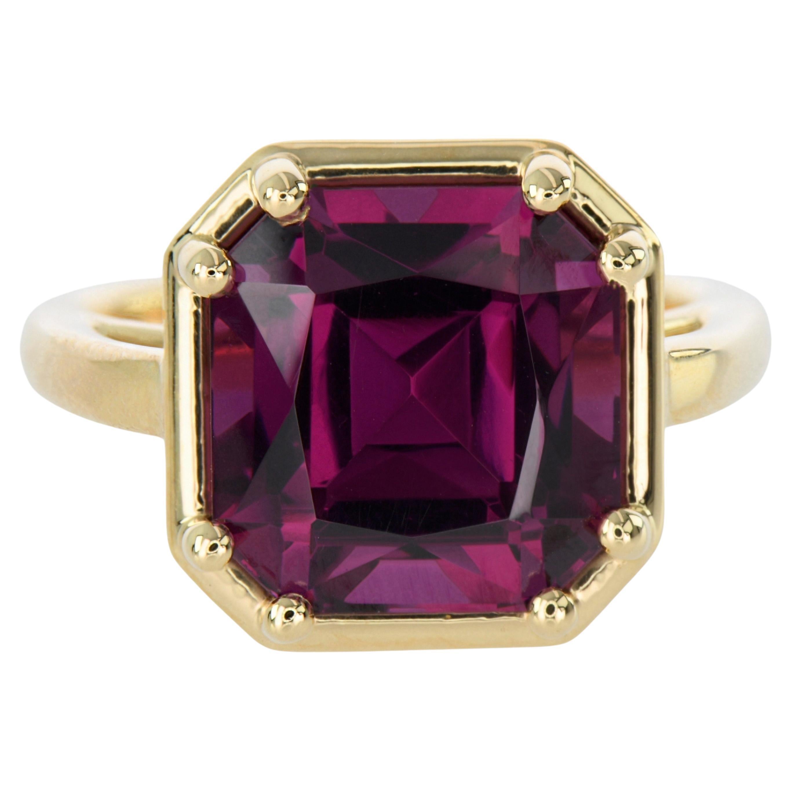 7.54 Rhodolite Ring-Radiant Cut-18KT Yellow Gold-GIA Certified-Rare For Sale