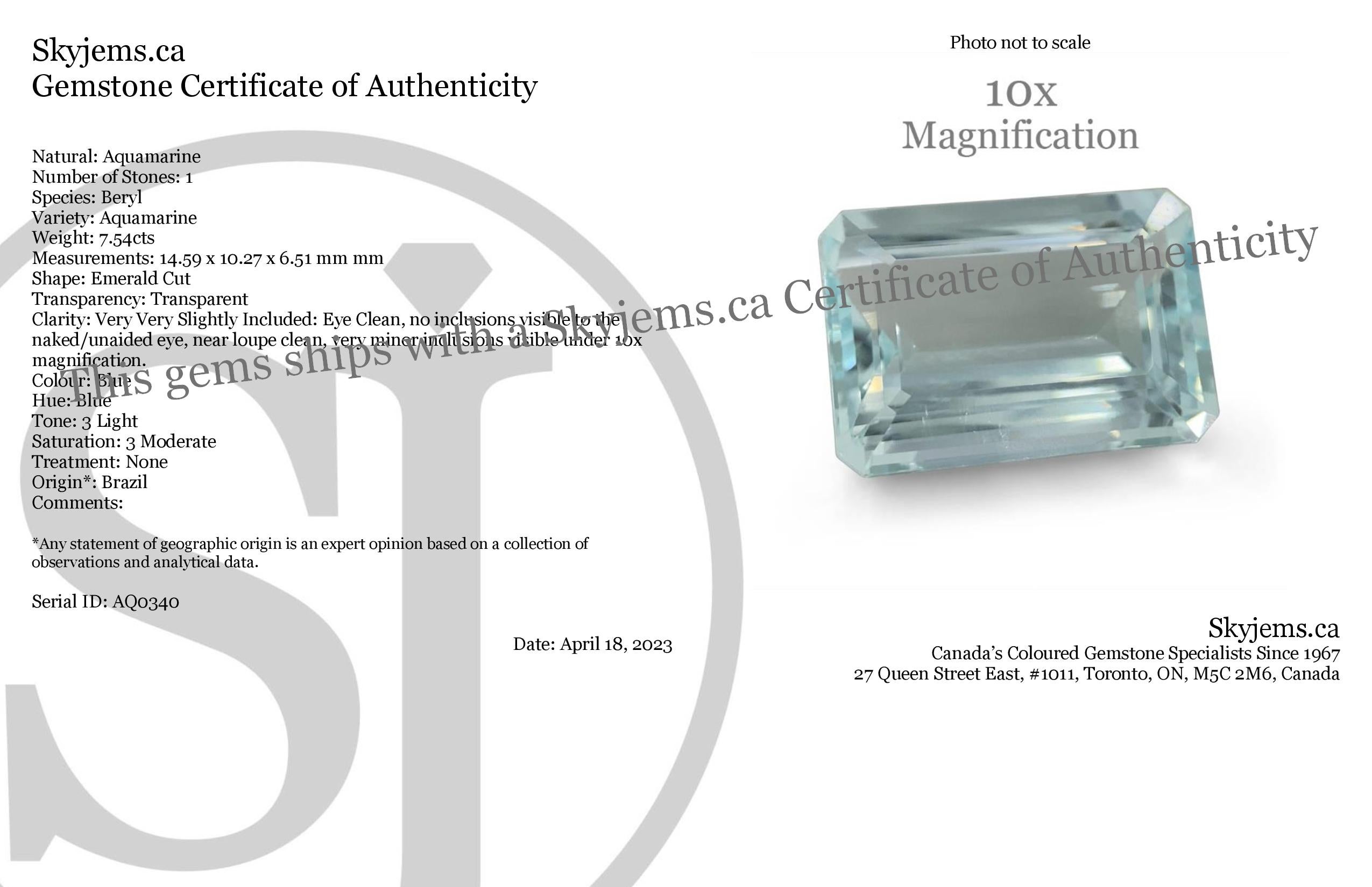 Description:

Gem Type: Aquamarine 
Number of Stones: 1
Weight: 7.54 cts
Measurements: 14.59 x 10.27 x 6.51 mm
Shape: Emerald Cut
Cutting Style Crown: Step Cut
Cutting Style Pavilion: Step Cut 
Transparency: None
Clarity: Very Very Slightly