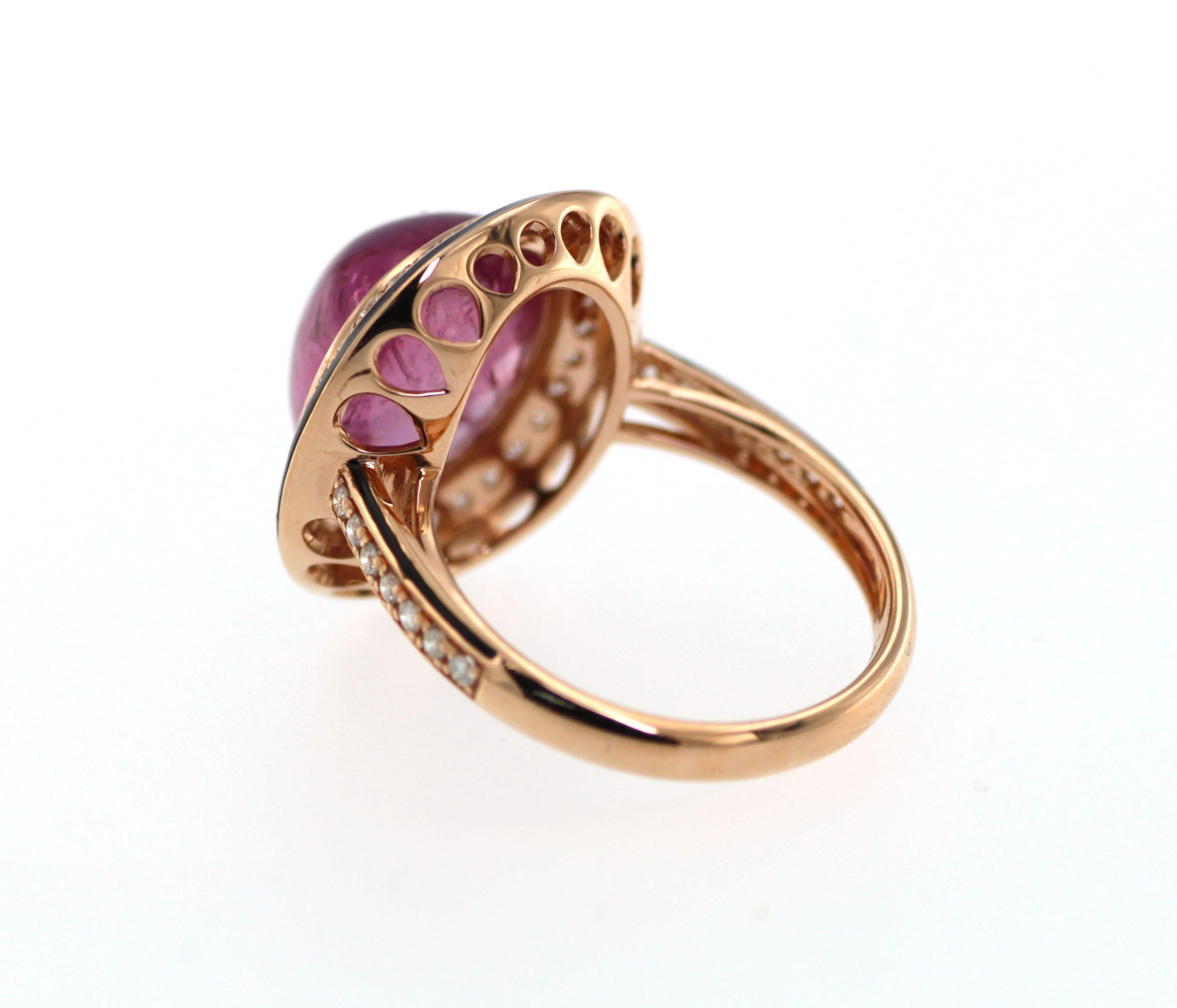 7.55 Carat Cabochon Pink Tourmaline Diamond Enamel Ring in 18 Karat Rose Gold In New Condition For Sale In Hong Kong, HK