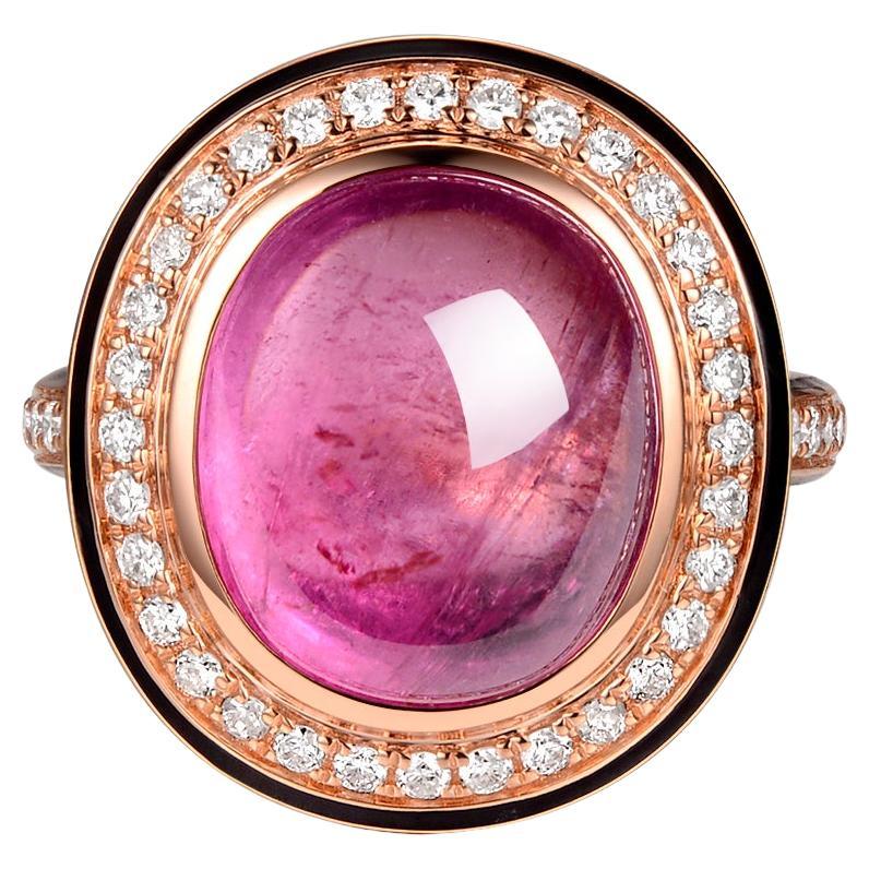 7.55 Carat Cabochon Pink Tourmaline Diamond Enamel Ring in 18 Karat Rose Gold For Sale