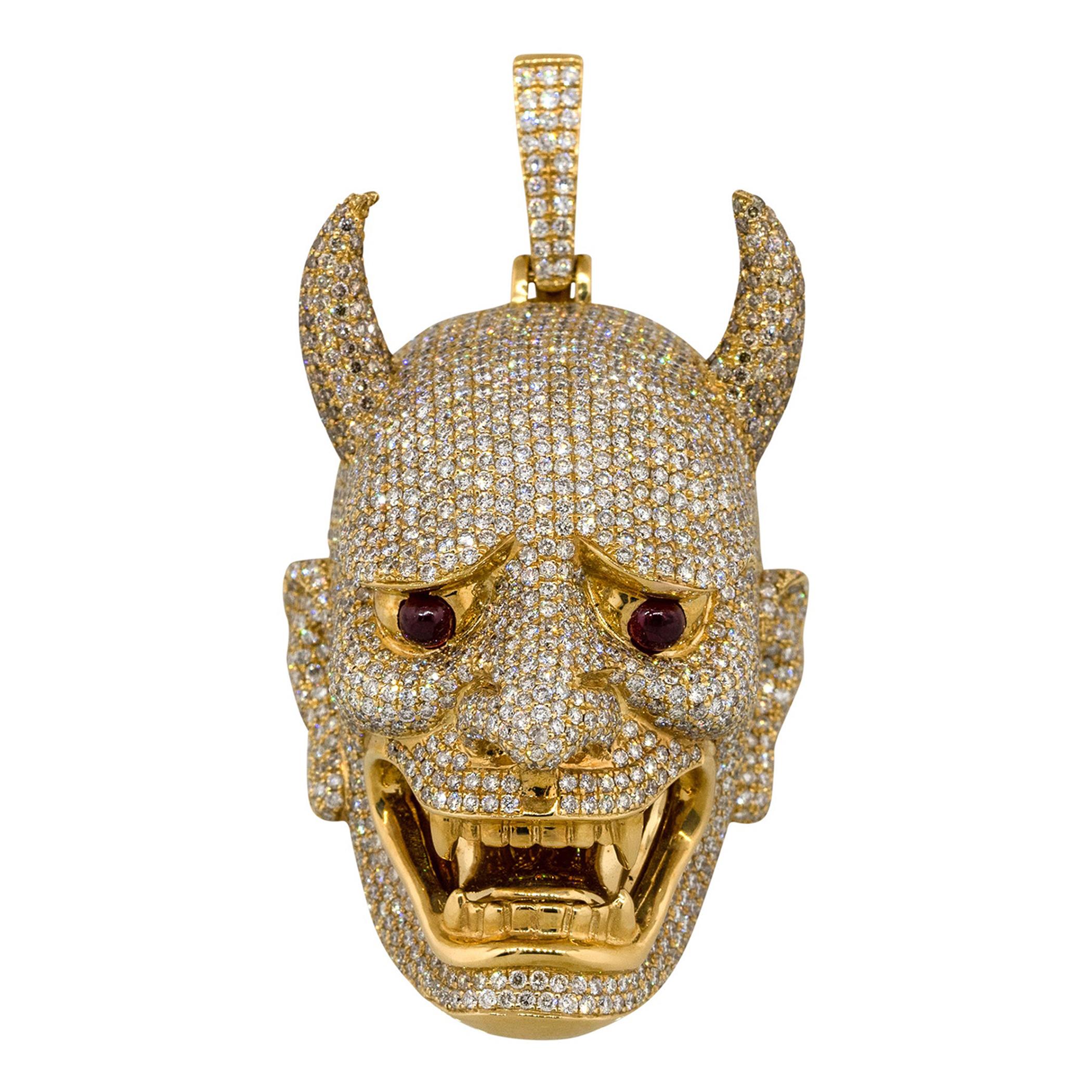 7.55 Carat Diamond Pave Japanese Oni Head Pendant 18 Karat in Stock For