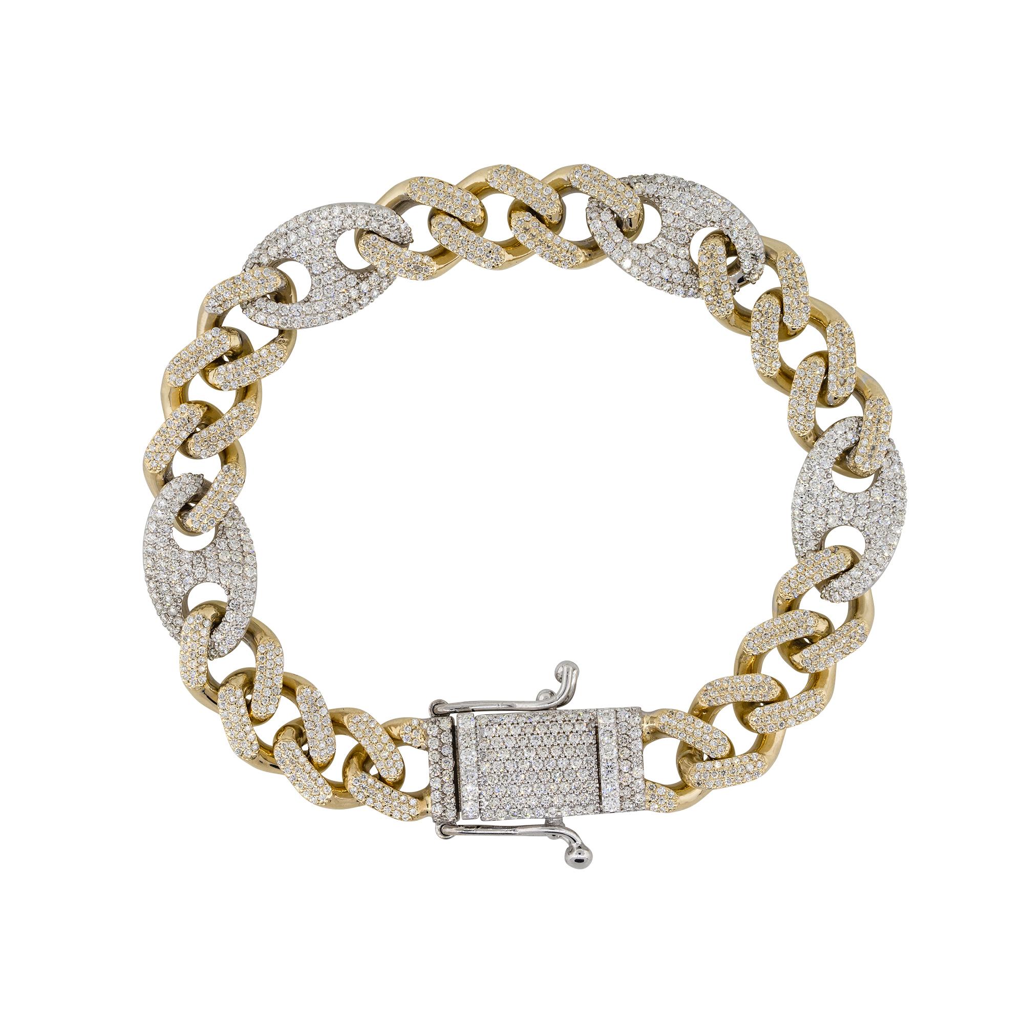 Round Cut 7.55 Carat Diamond Pave Men's Link Bracelet 14 Karat in Stock For Sale