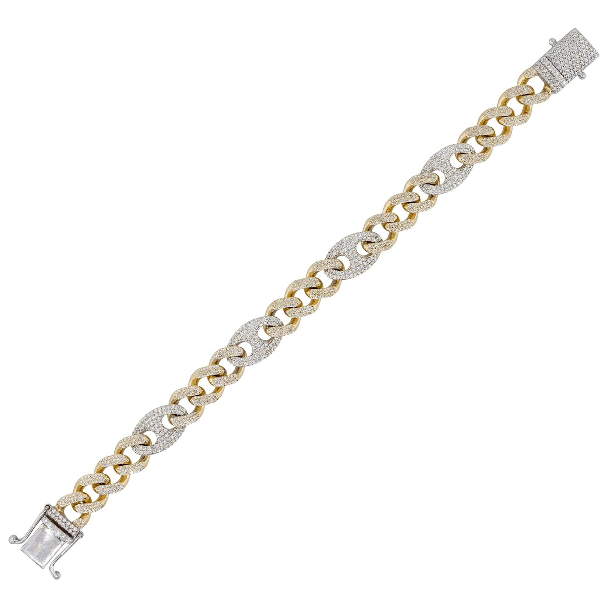 7.55 Carat Diamond Pave Men's Link Bracelet 14 Karat in Stock For Sale