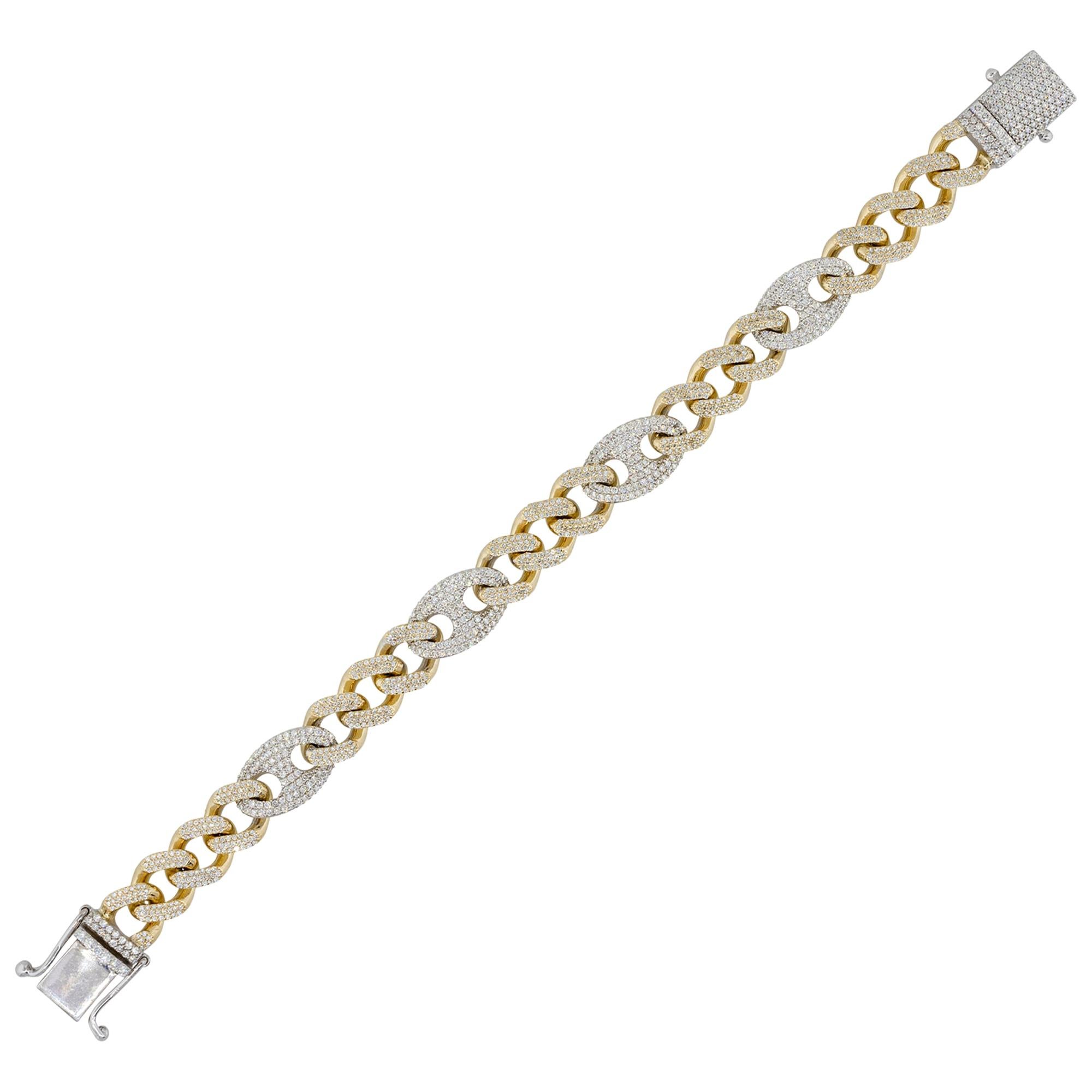 Bracelet à maillons en or 14 carats avec diamants pavés de 7,55 carats pour hommes en vente