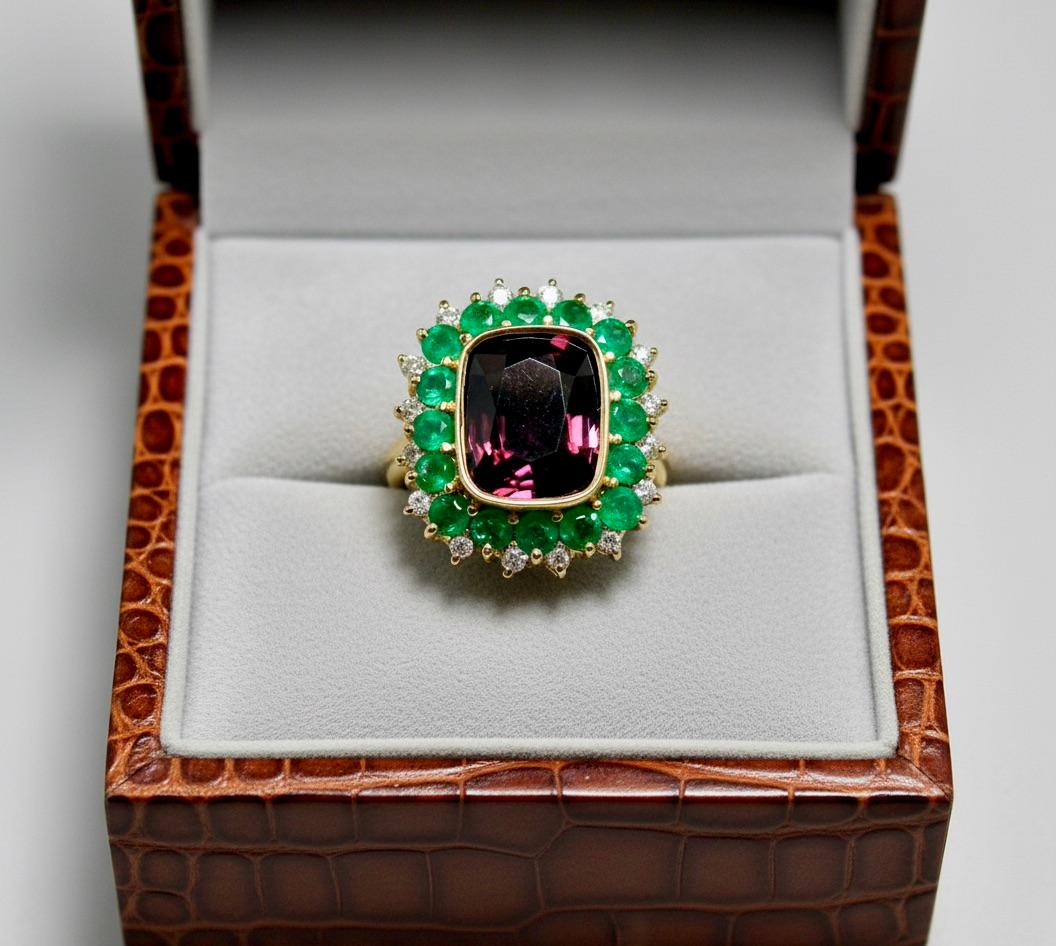 7,55 Karat feiner Spinell, kolumbianischer Smaragd und Diamant Cocktail-Ring 18 Karart im Angebot 6