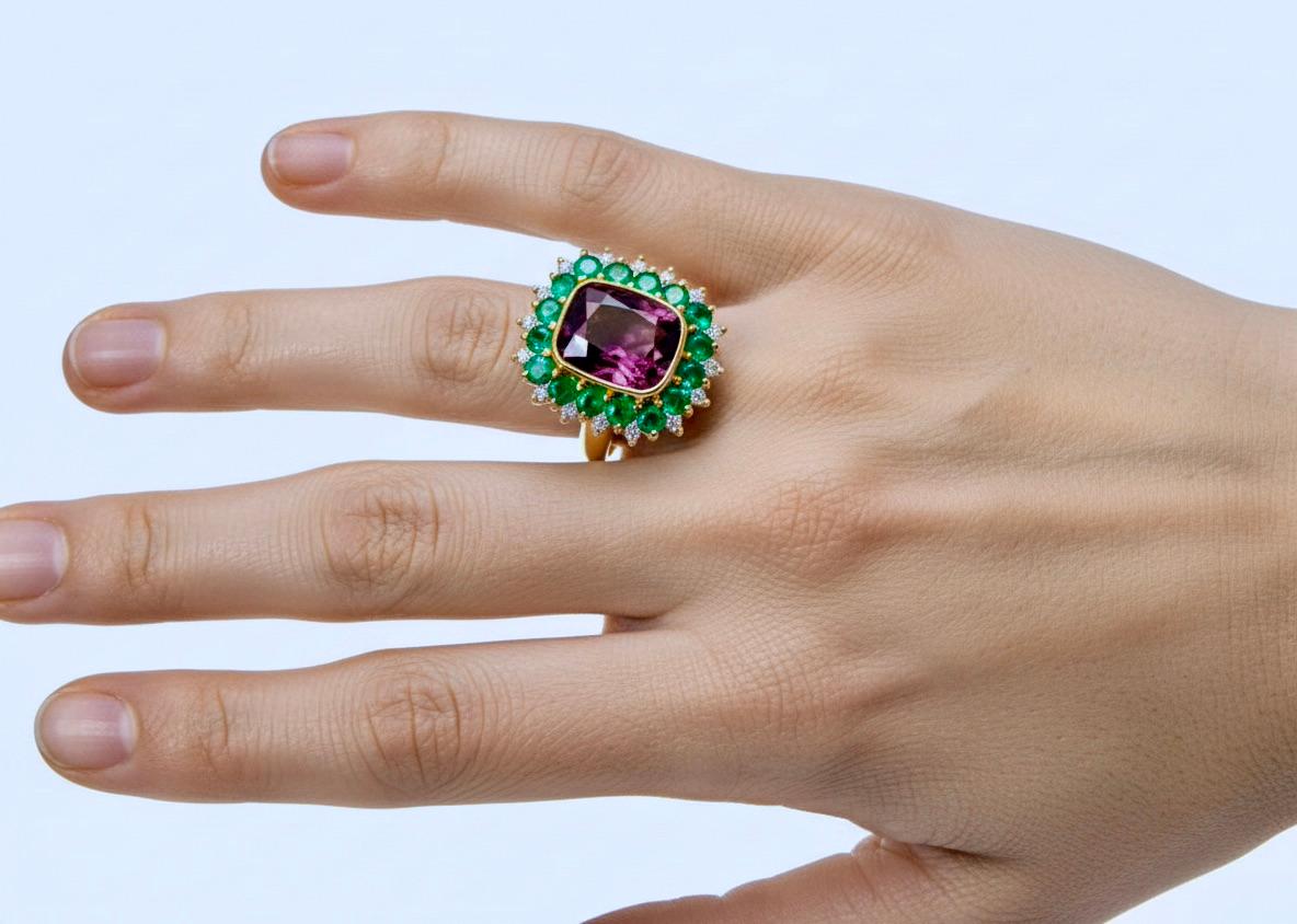 7,55 Karat feiner Spinell, kolumbianischer Smaragd und Diamant Cocktail-Ring 18 Karart (Zeitgenössisch) im Angebot