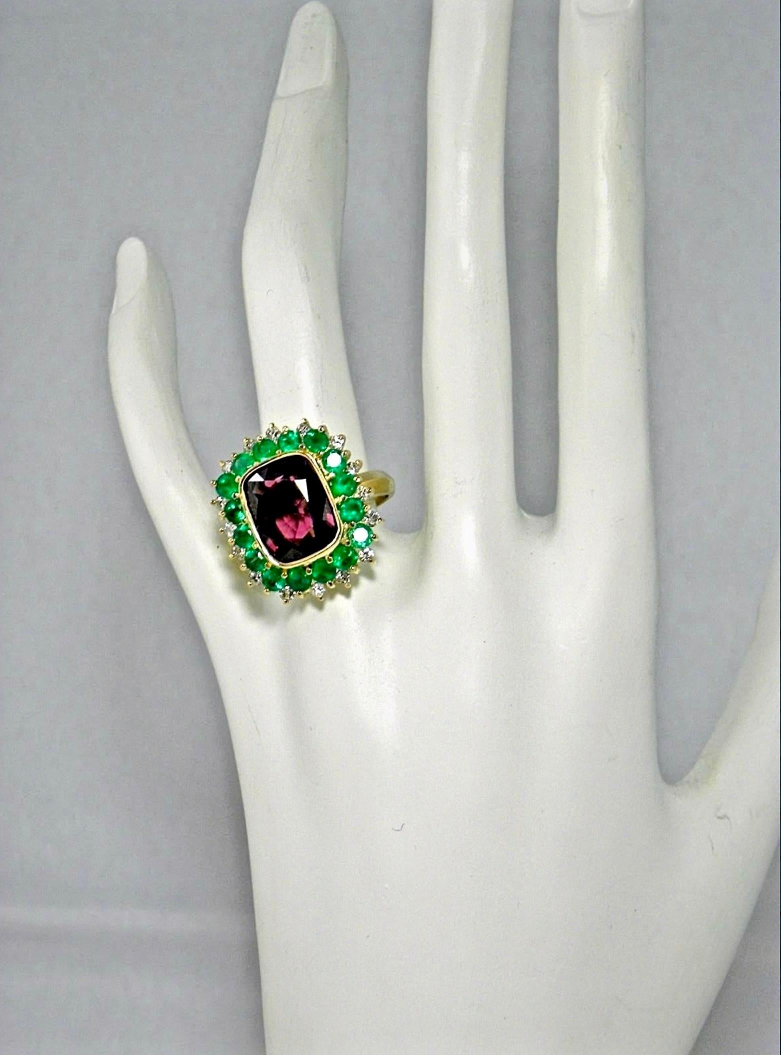 Stunning One-of-a-Kind- Fine Spinel Emerald Diamond Cocktail Engagement Ring 18 Karat Rich Yellow Gold
Natural Burma Spinel Cushion Cut,  Red Wine(Raspberry) Color/ Clarity VS
Total Spinel Weight: 5.10 Carats Huge
Second Stone: Emerald Colombian