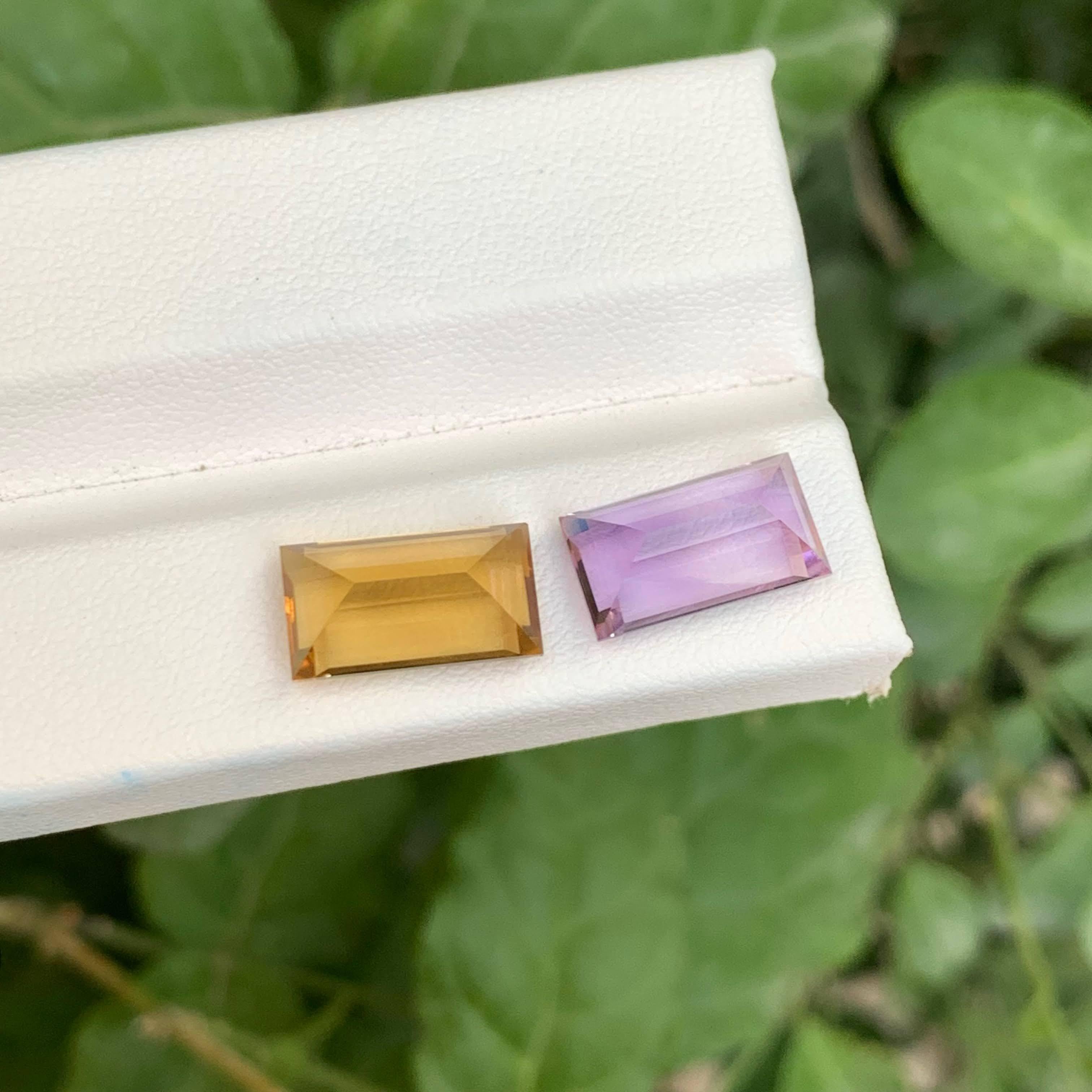 Weight 7.55 carat 
Dimensions 12.4x6.8x5.7mm
Treatment None
Origin  Brazil
Clarity Loupe Clean
Shape Cut Baguette
NA


This unique 7.55-carat gemstone pair features beautifully matched reverse pairs of Amethyst and Citrine, masterfully cut in a