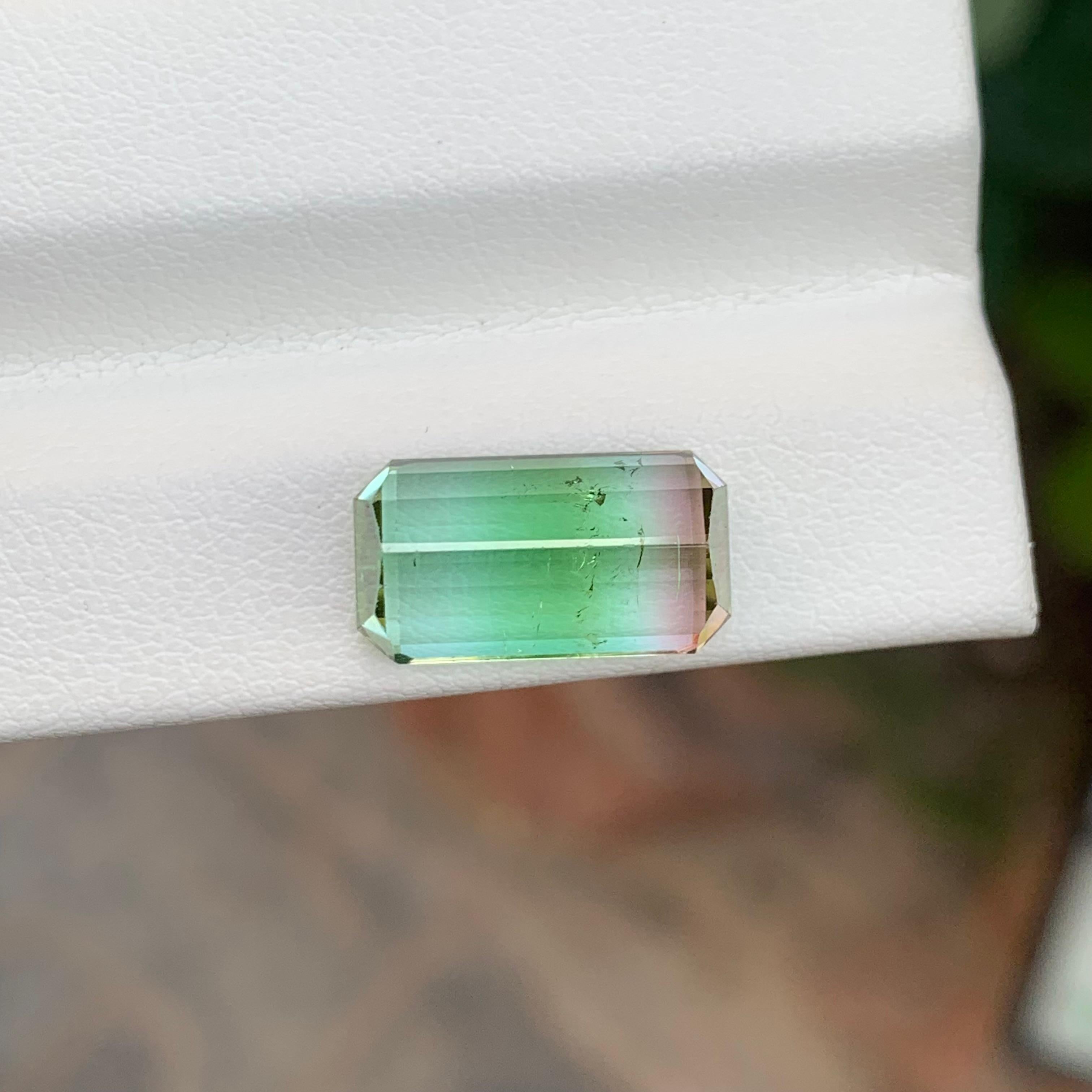 Women's or Men's 7.55 Carat Natural Loose Tri Colour Tourmaline Emerald Shape Gemstone For Sale