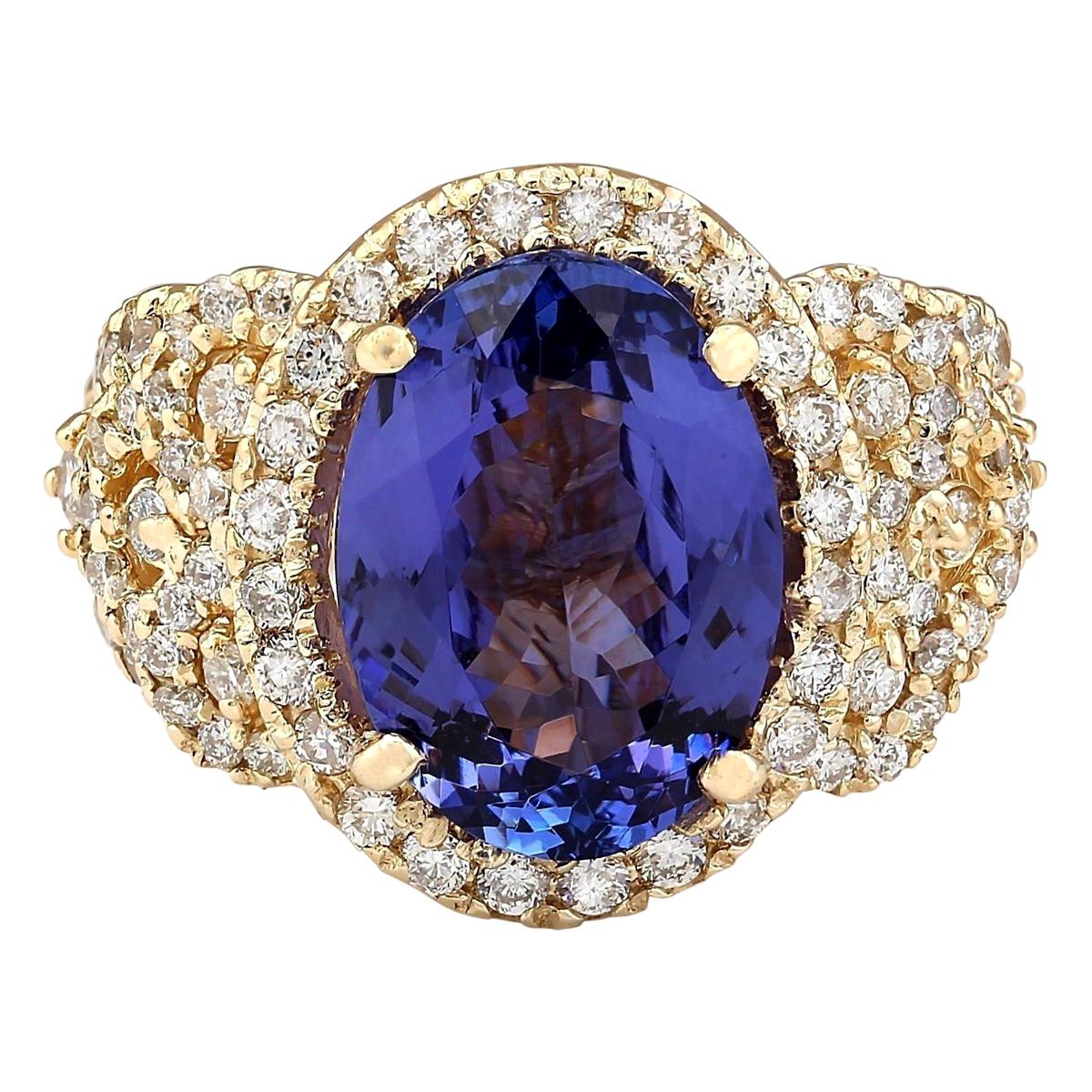 Bague éblouissante en or jaune 14 carats avec tanzanite naturelle et diamants 