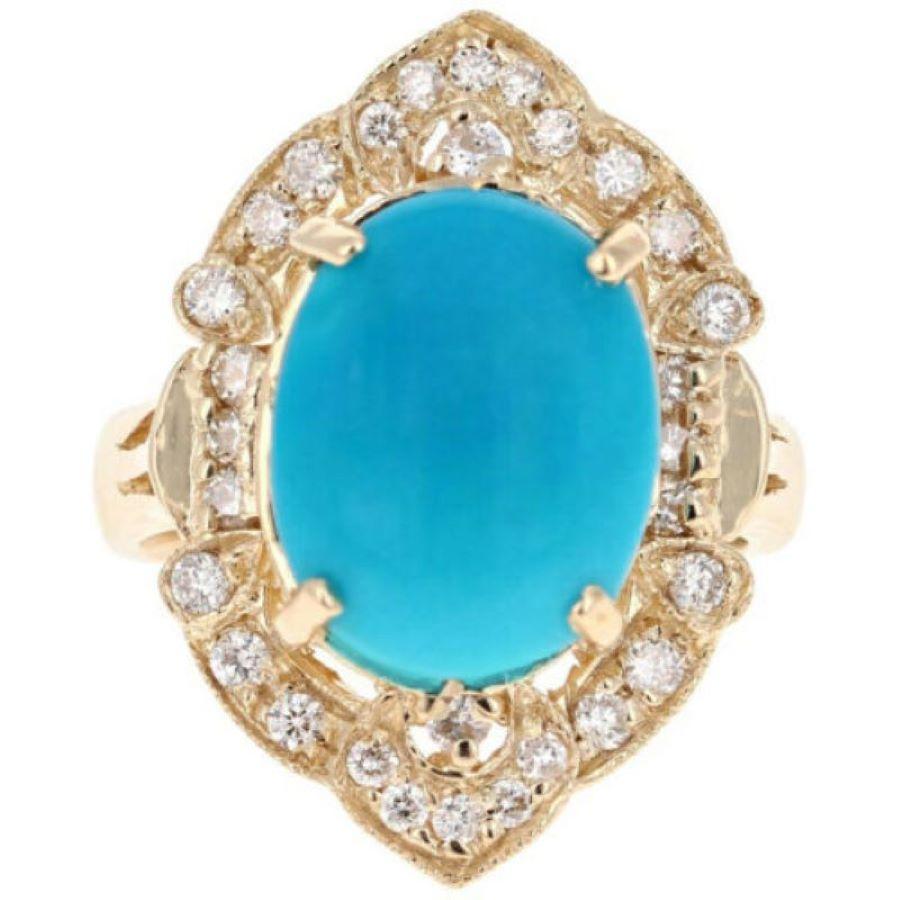 7.55 Carats Impressive Natural Turquoise and Diamond 14K Yellow Gold Ring

Suggested Replacement Value $6,000.00

Total Natural Oval Turquoise Weight is: Approx. 7.00 Carats 

Turquoise Measures: Approx. 14.00 x 10.00mm 

Natural Round Diamonds
