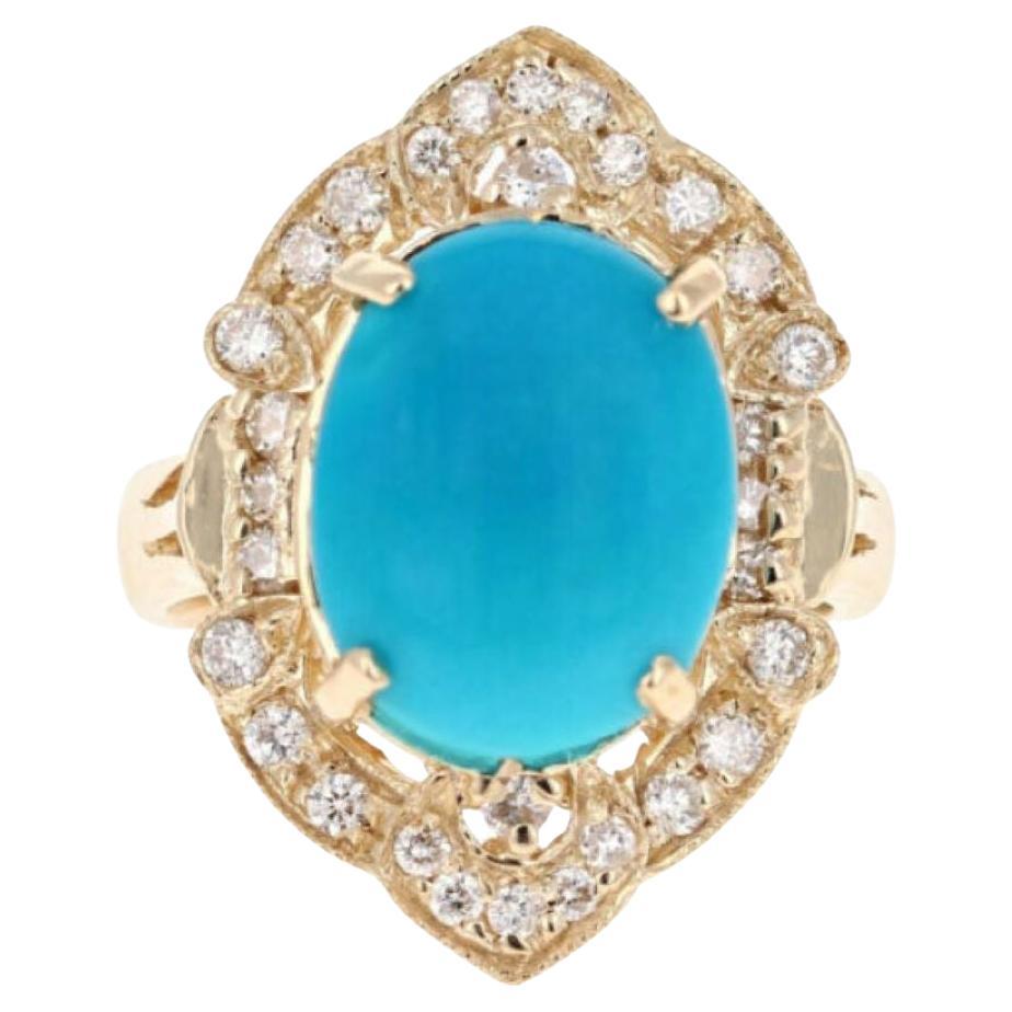 7.55 Carats Impressive Natural Turquoise and Diamond 14K Yellow Gold Ring For Sale