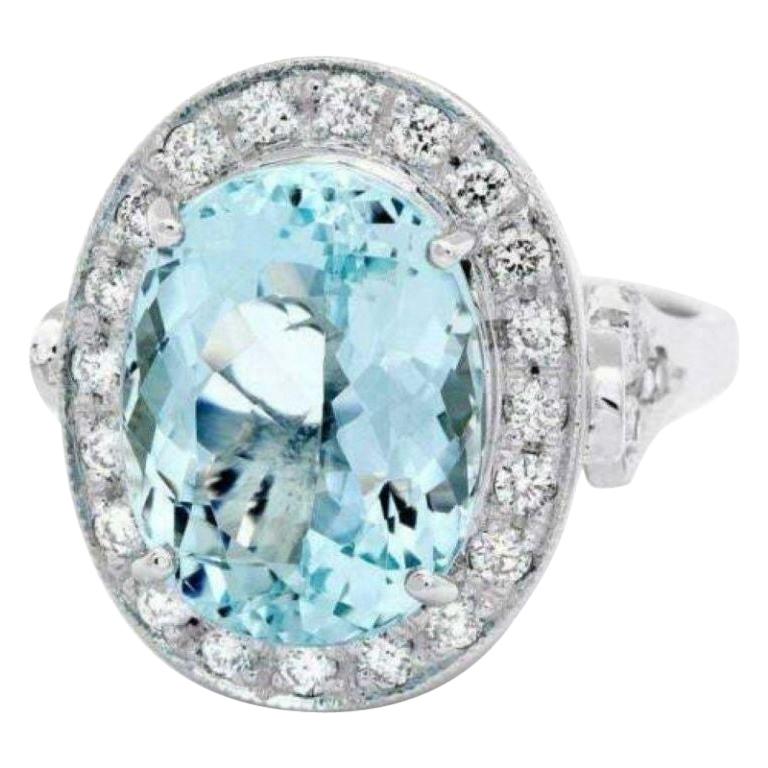 7,55 quilates naturales Impresionante Anillo de Aguamarina Natural y Diamante en Oro de 14 Kilates