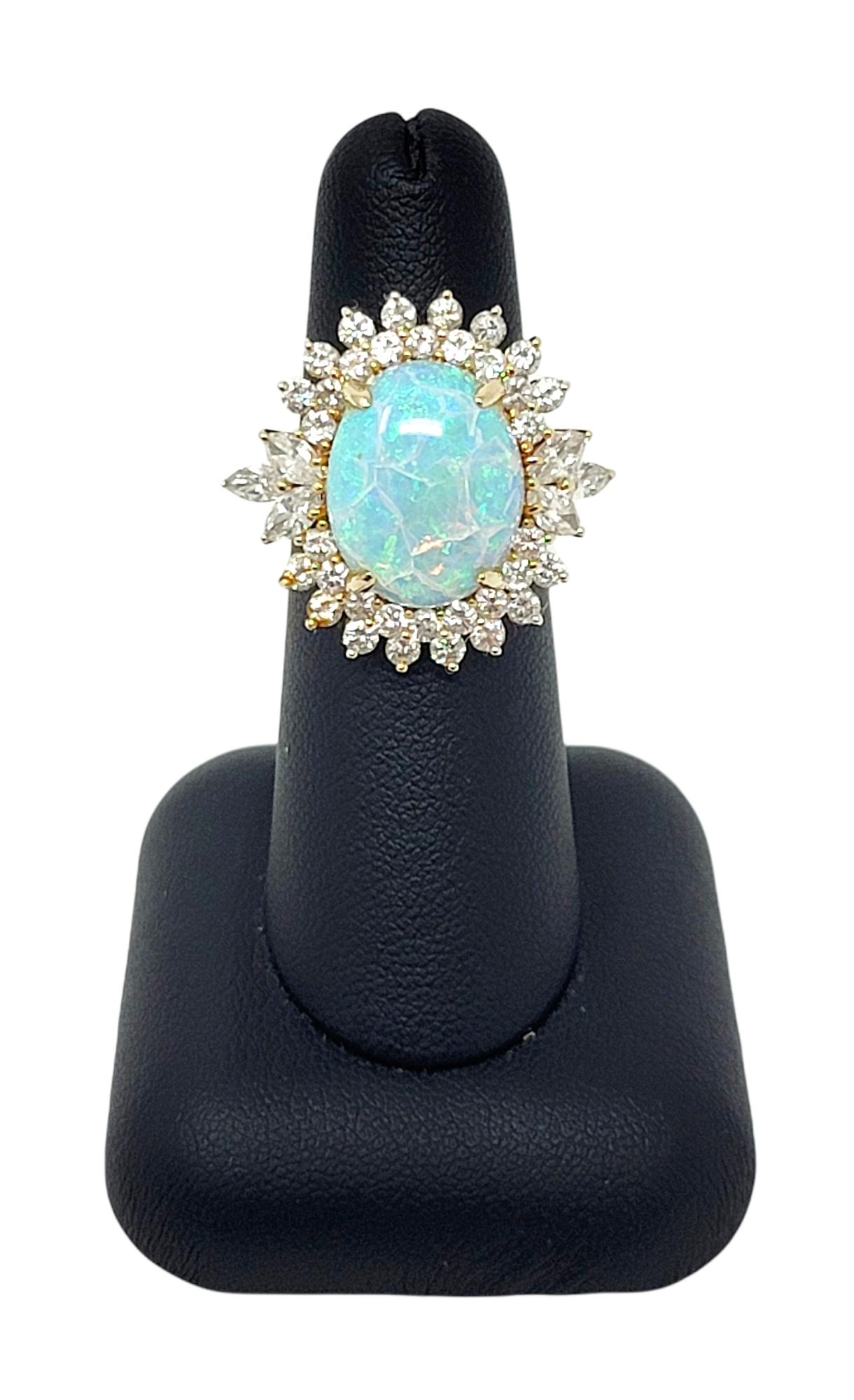 7.55 Carats Total Opal Cabochon and Diamond Halo Ring in 14 Karat Yellow Gold For Sale 6