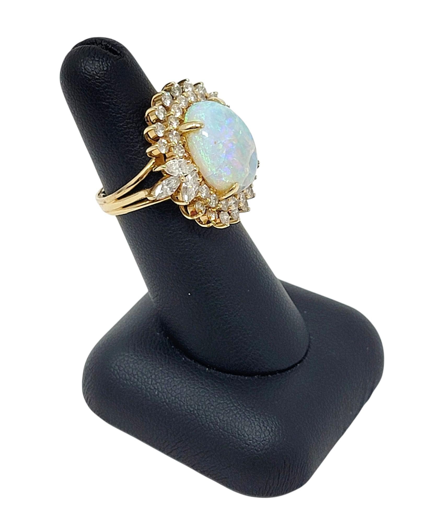 7.55 Carats Total Opal Cabochon and Diamond Halo Ring in 14 Karat Yellow Gold For Sale 7