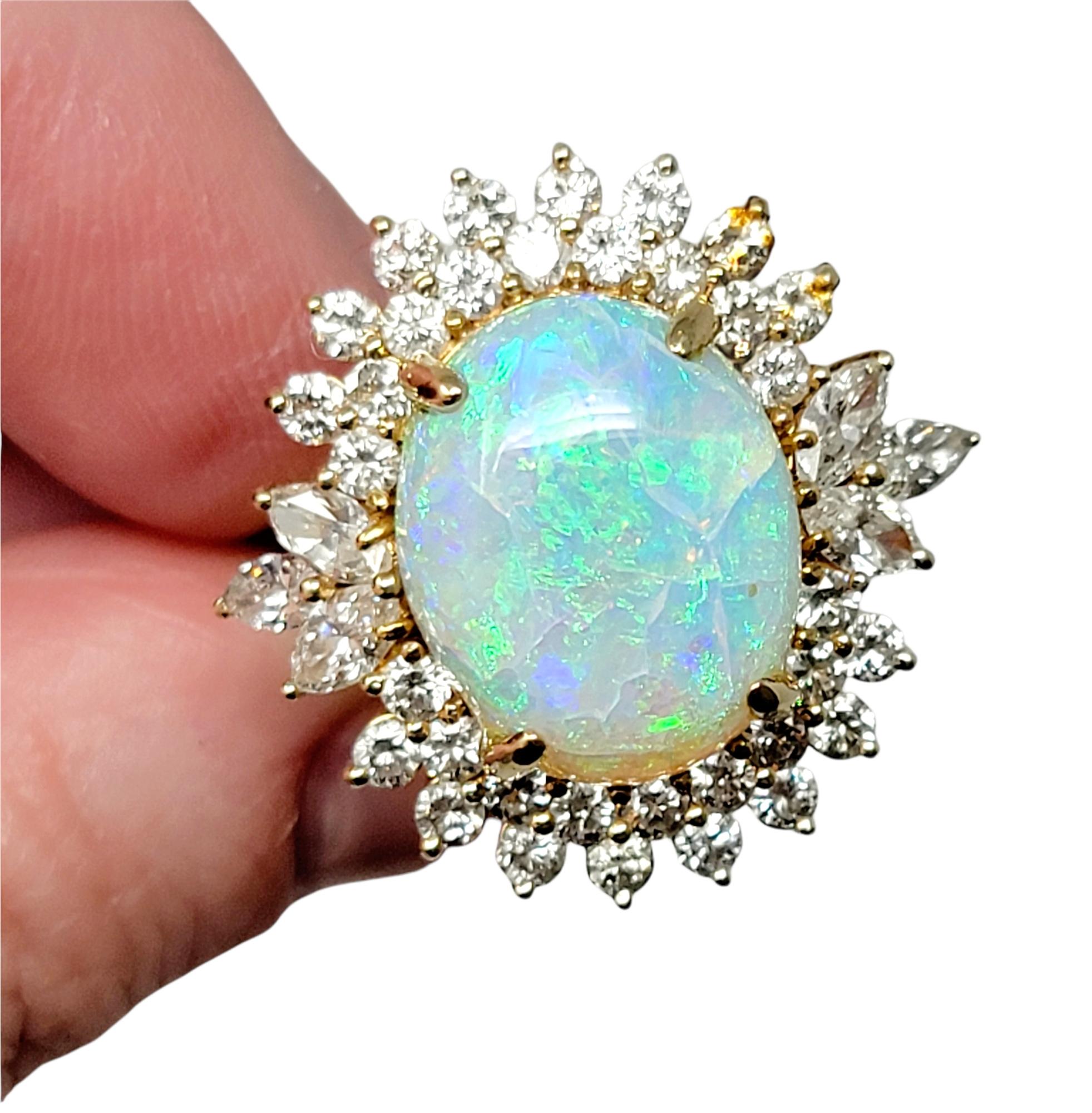 7.55 Carats Total Opal Cabochon and Diamond Halo Ring in 14 Karat Yellow Gold For Sale 8