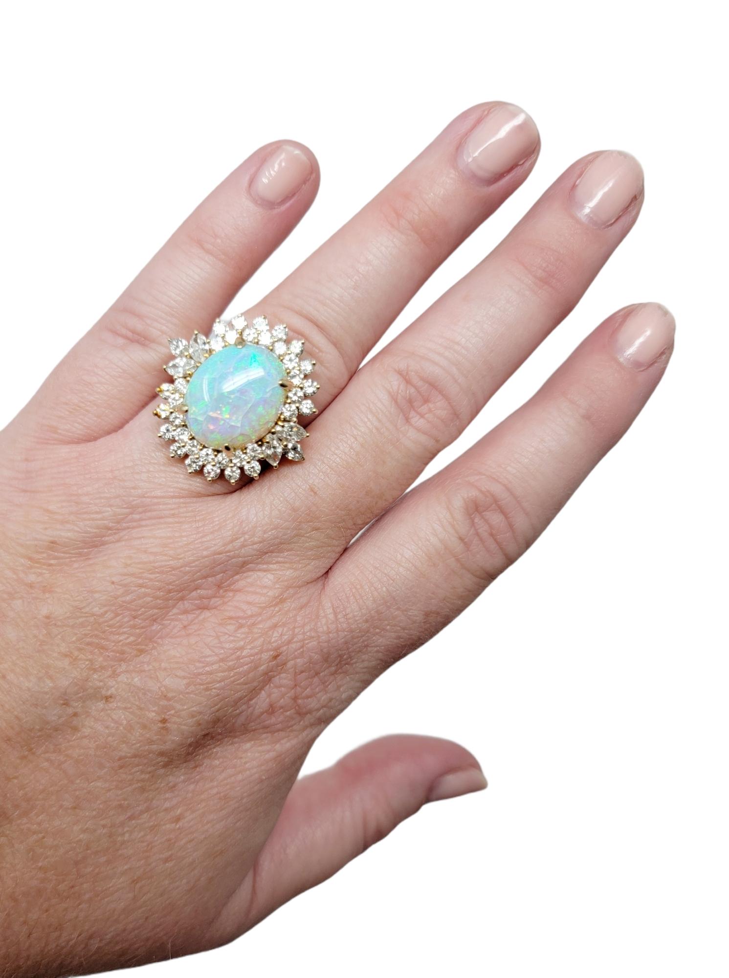7.55 Carats Total Opal Cabochon and Diamond Halo Ring in 14 Karat Yellow Gold For Sale 9