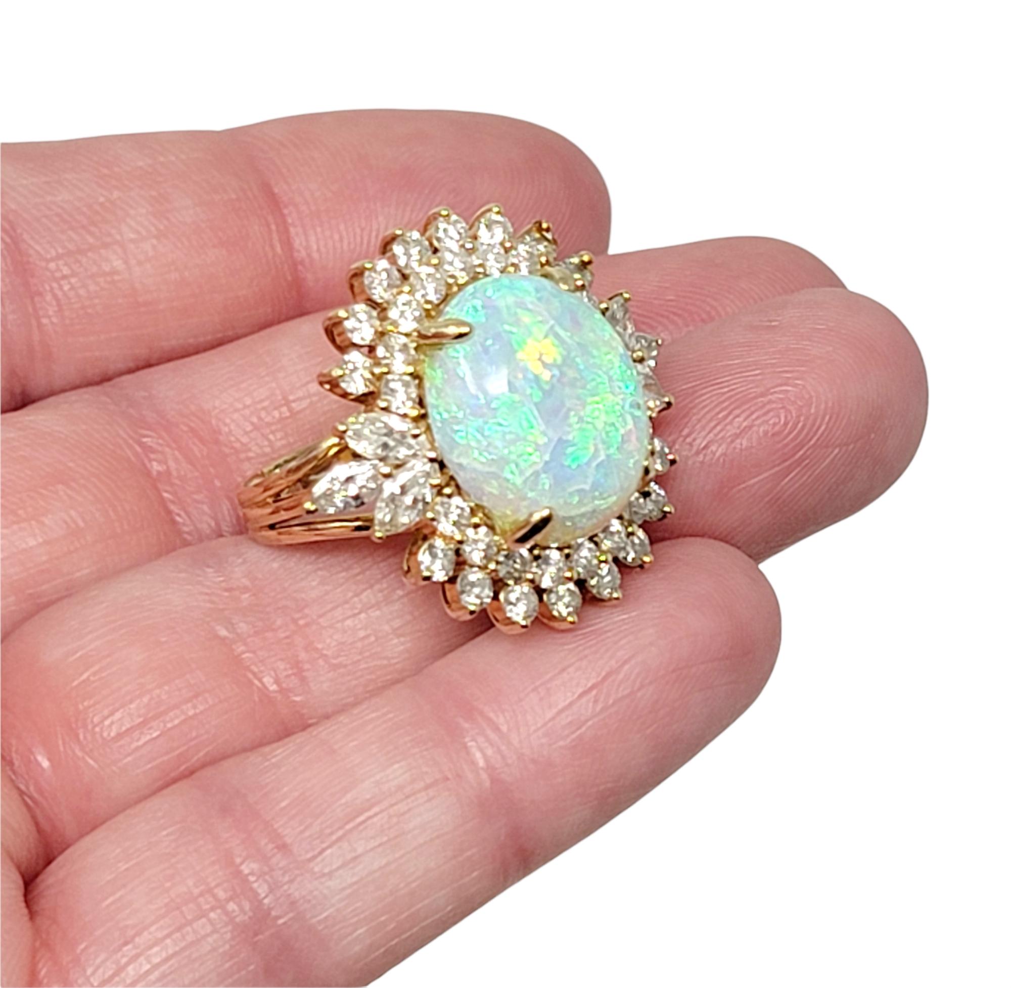 7.55 Carats Total Opal Cabochon and Diamond Halo Ring in 14 Karat Yellow Gold For Sale 10