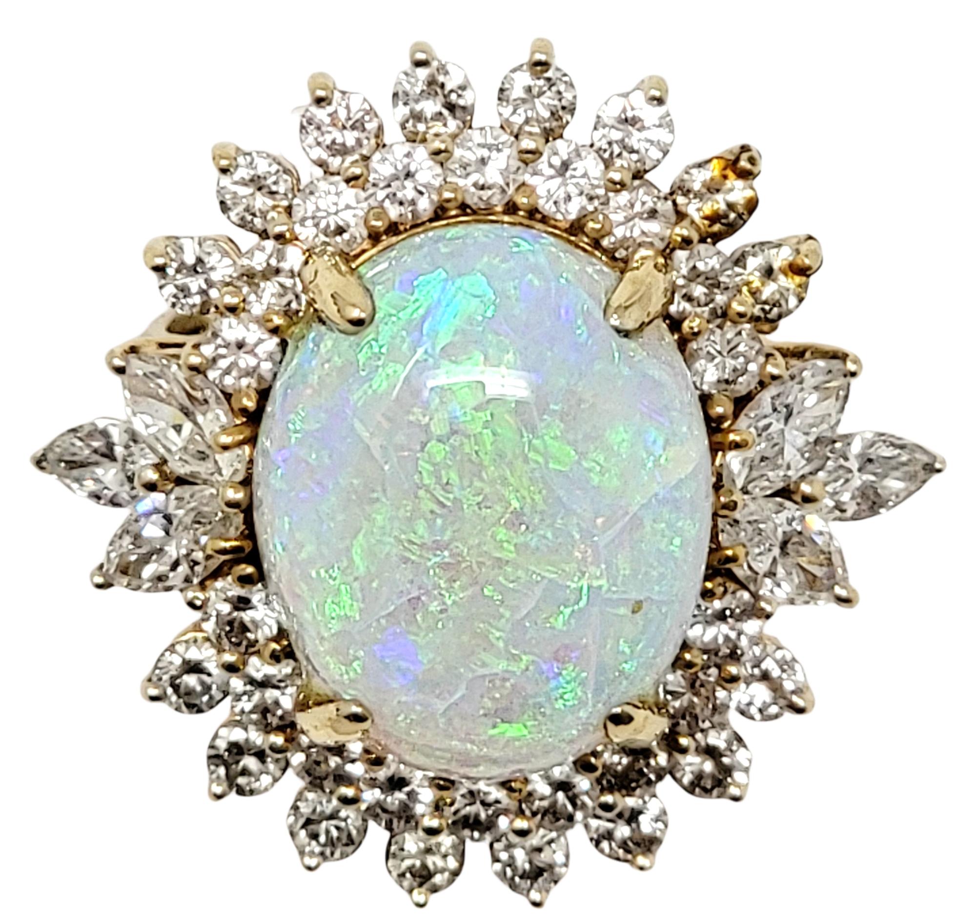 7.55 Carats Total Opal Cabochon and Diamond Halo Ring in 14 Karat Yellow Gold In Good Condition For Sale In Scottsdale, AZ