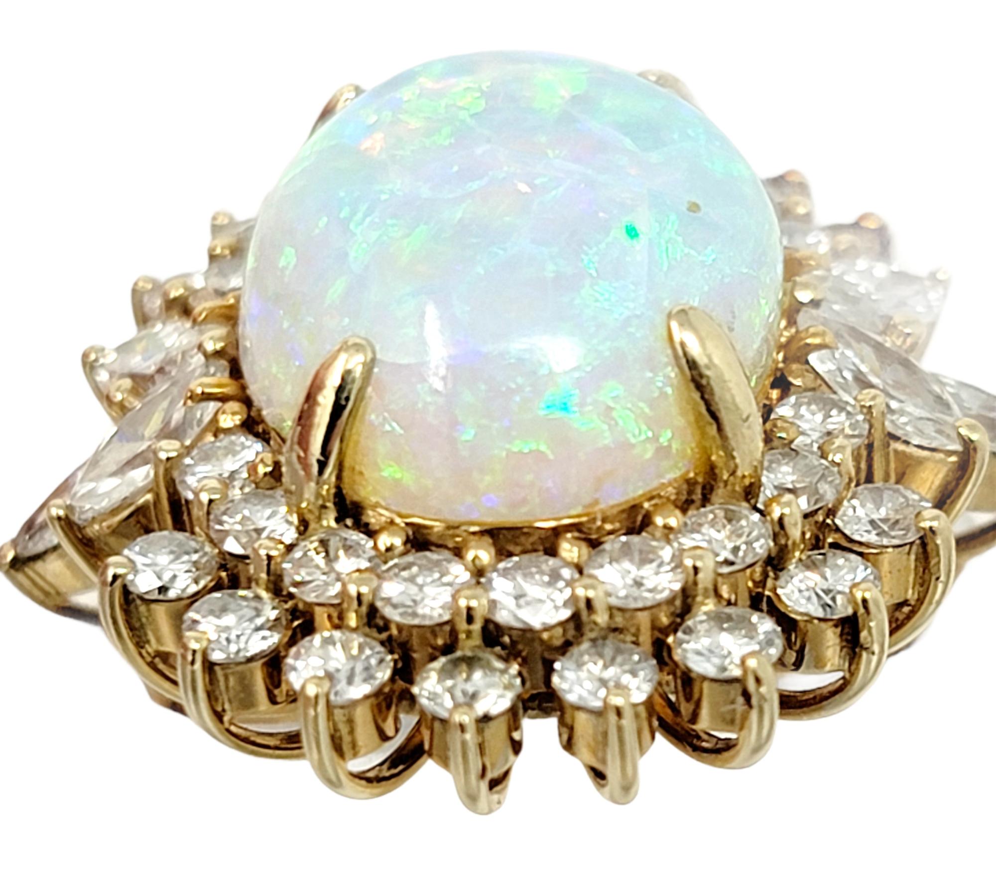 Women's 7.55 Carats Total Opal Cabochon and Diamond Halo Ring in 14 Karat Yellow Gold For Sale