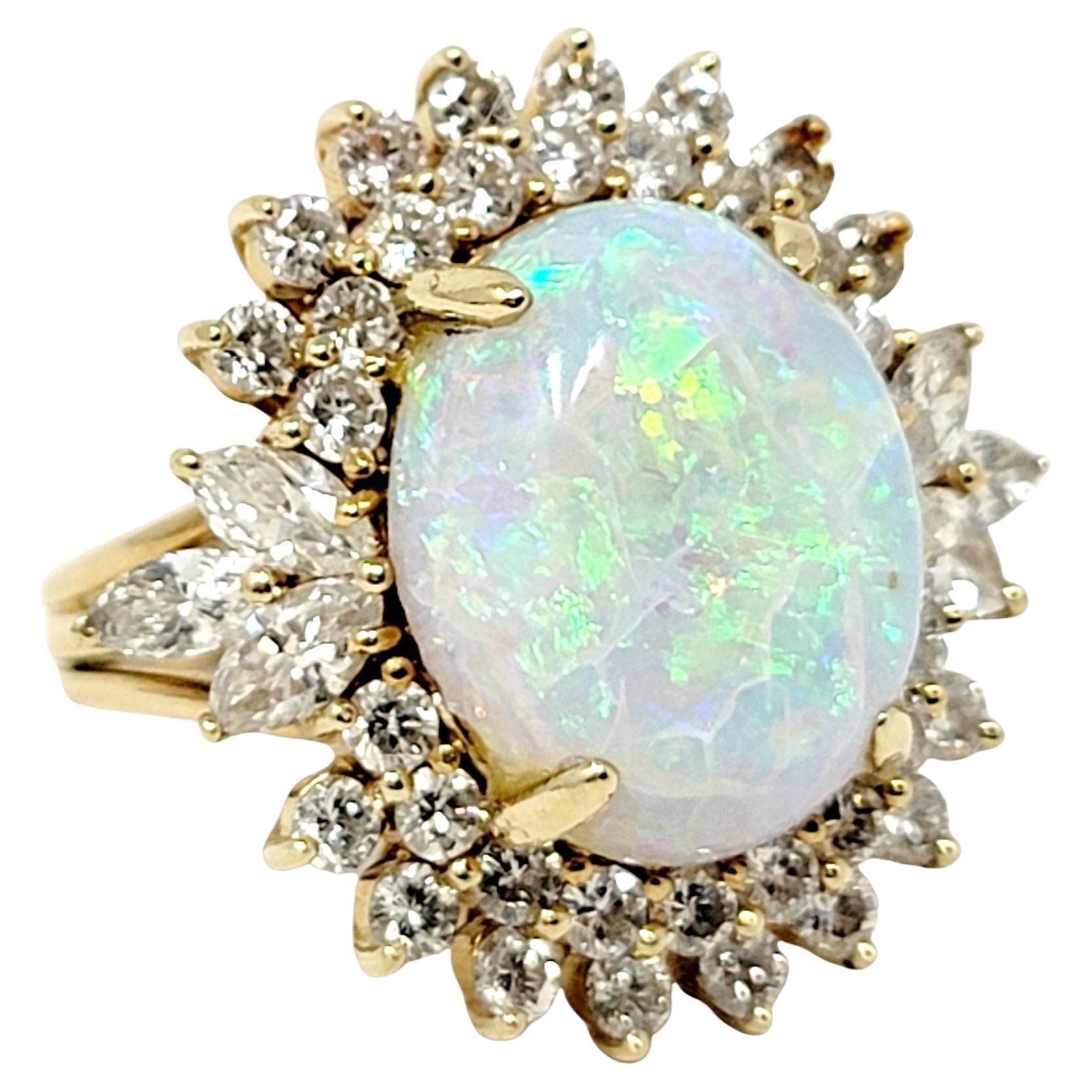 7.55 Carats Total Opal Cabochon and Diamond Halo Ring in 14 Karat Yellow Gold For Sale