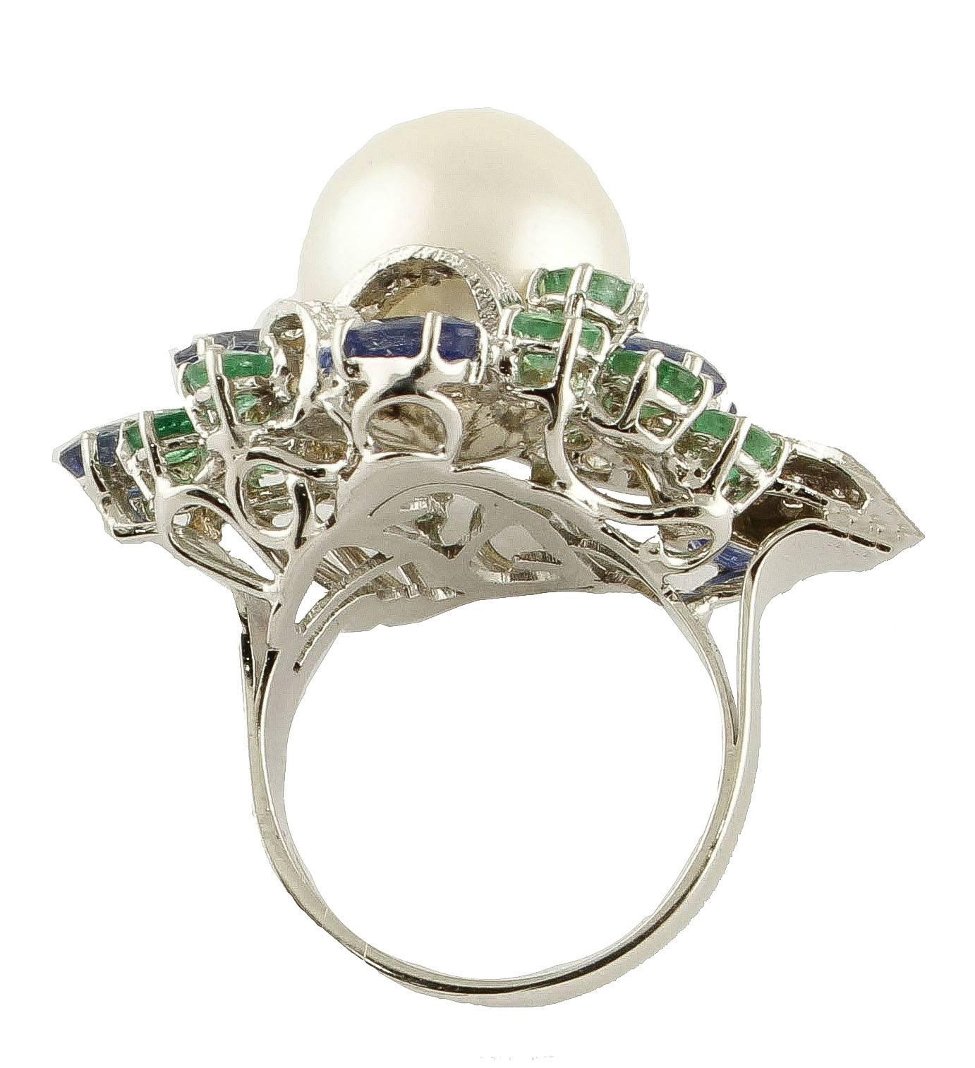 Retro 7.55 Carat Emeralds Blue Sapphire, Pearl, Diamonds, White Gold Ring