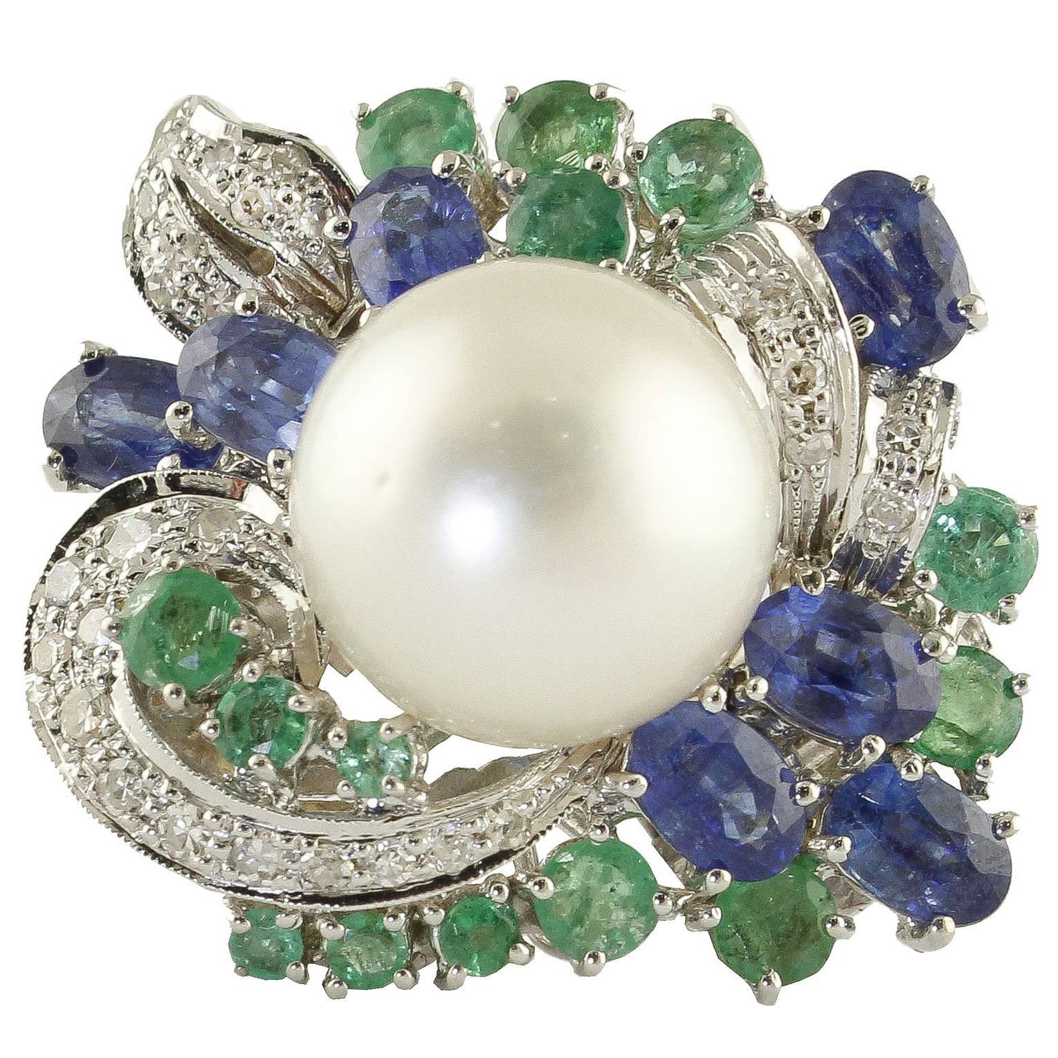 7.55 Carat Emeralds Blue Sapphire, Pearl, Diamonds, White Gold Ring