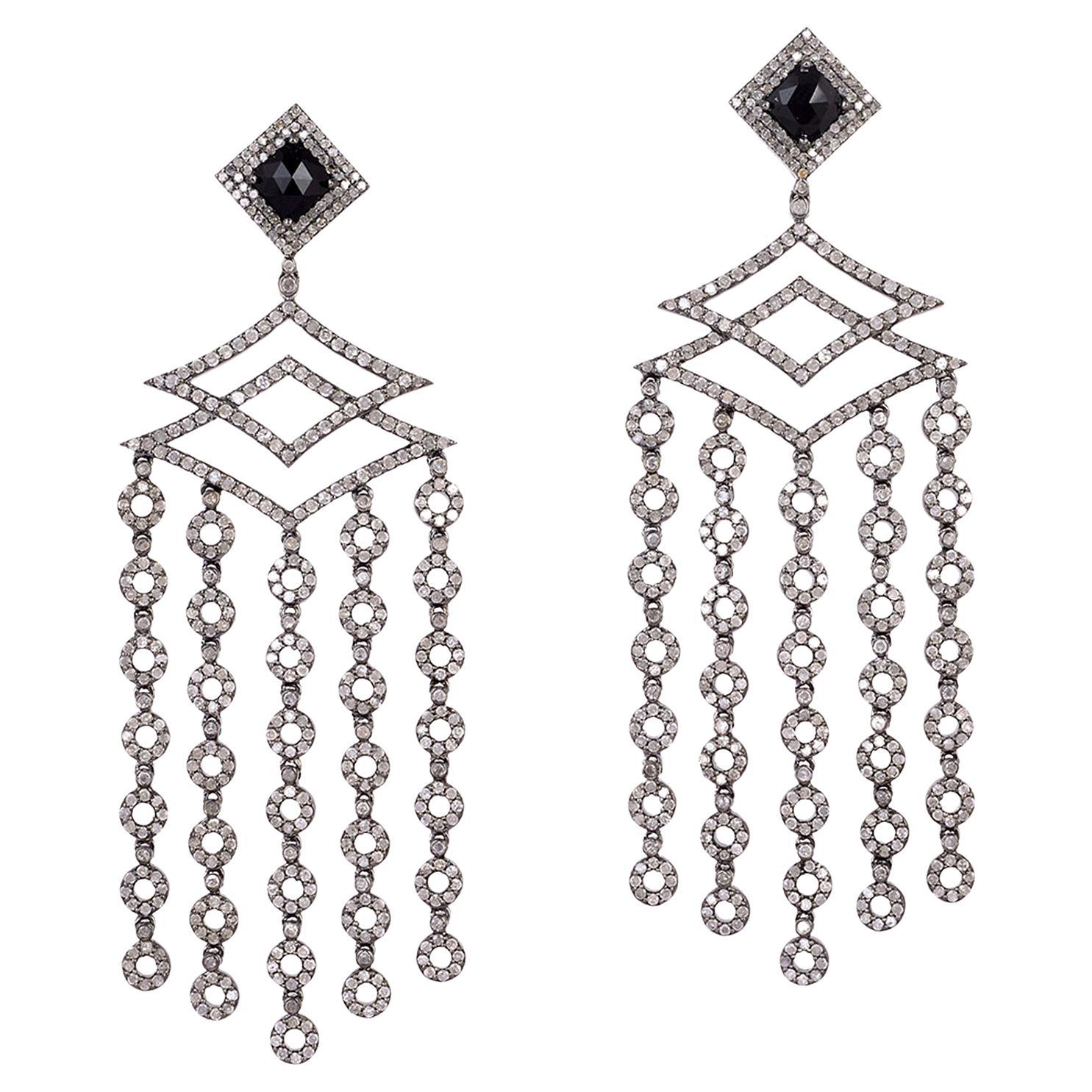 7.55ct Diamond Chandelier Earrings With Black Onyx In 18k yellow Gold & Silver For Sale