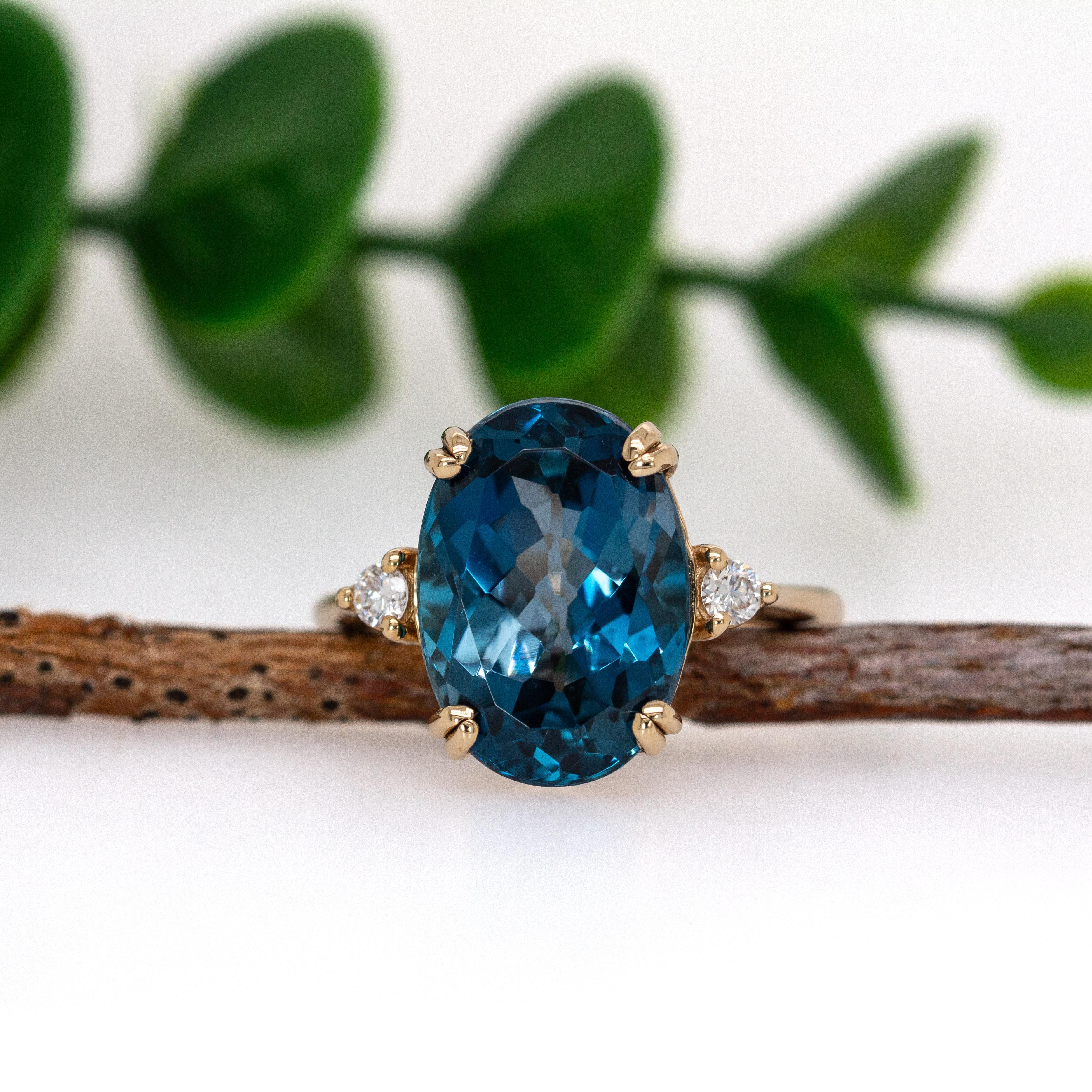 Oval Cut 7.55cts London Blue Topaz Ring with Diamond Accents in 14K Solid Gold  14x10mm For Sale