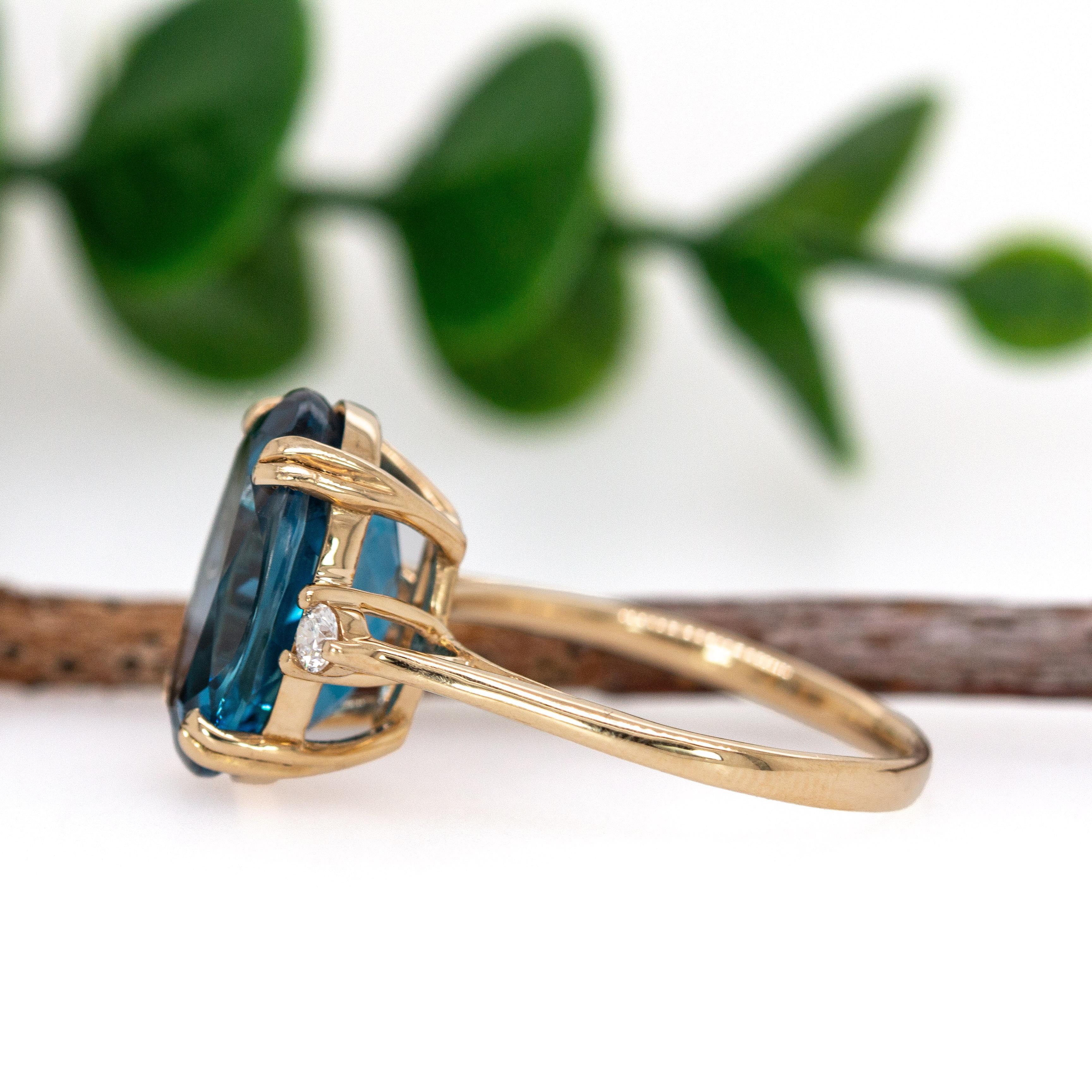 Women's 7.55cts London Blue Topaz Ring with Diamond Accents in 14K Solid Gold  14x10mm For Sale