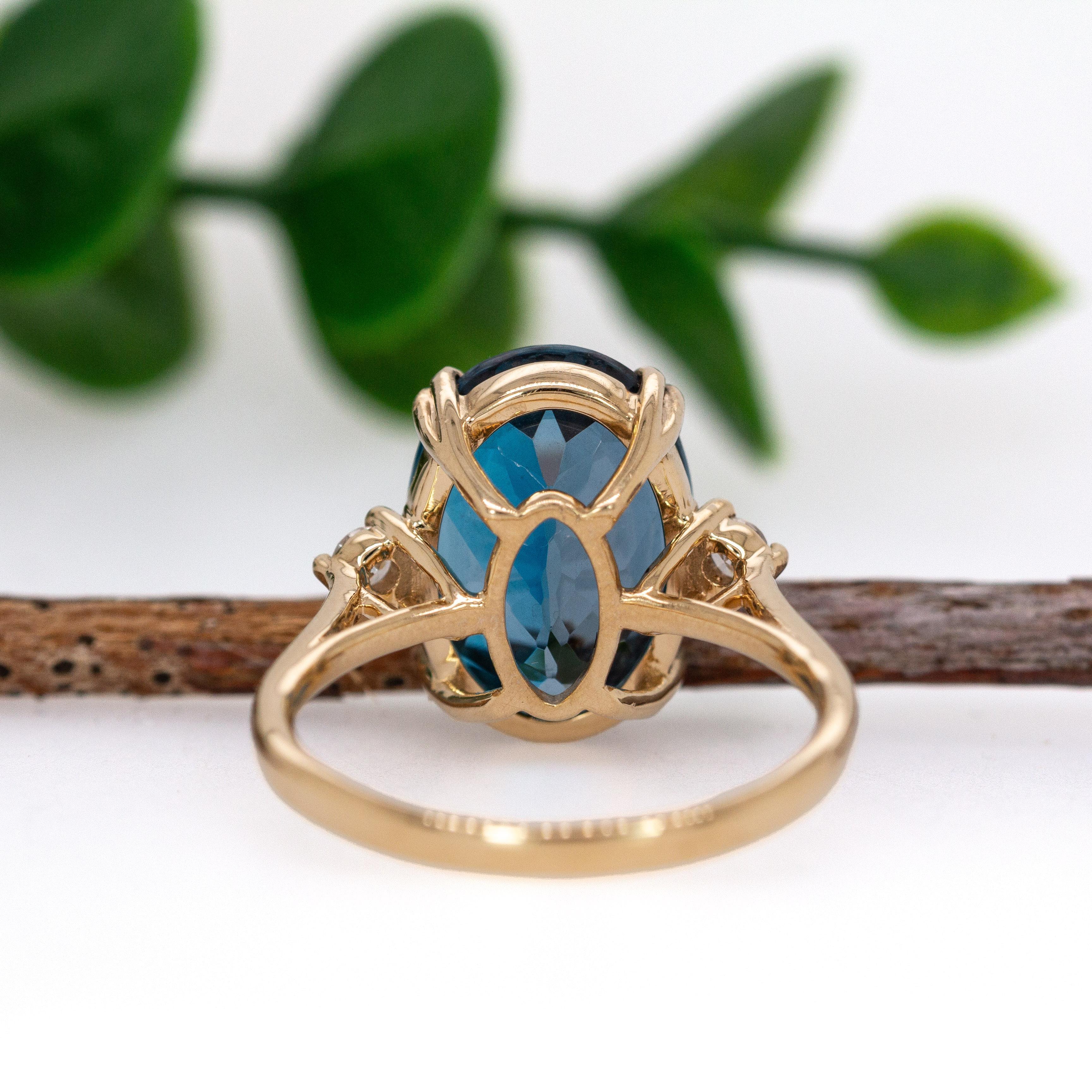 7.55cts London Blue Topaz Ring with Diamond Accents in 14K Solid Gold  14x10mm For Sale 1