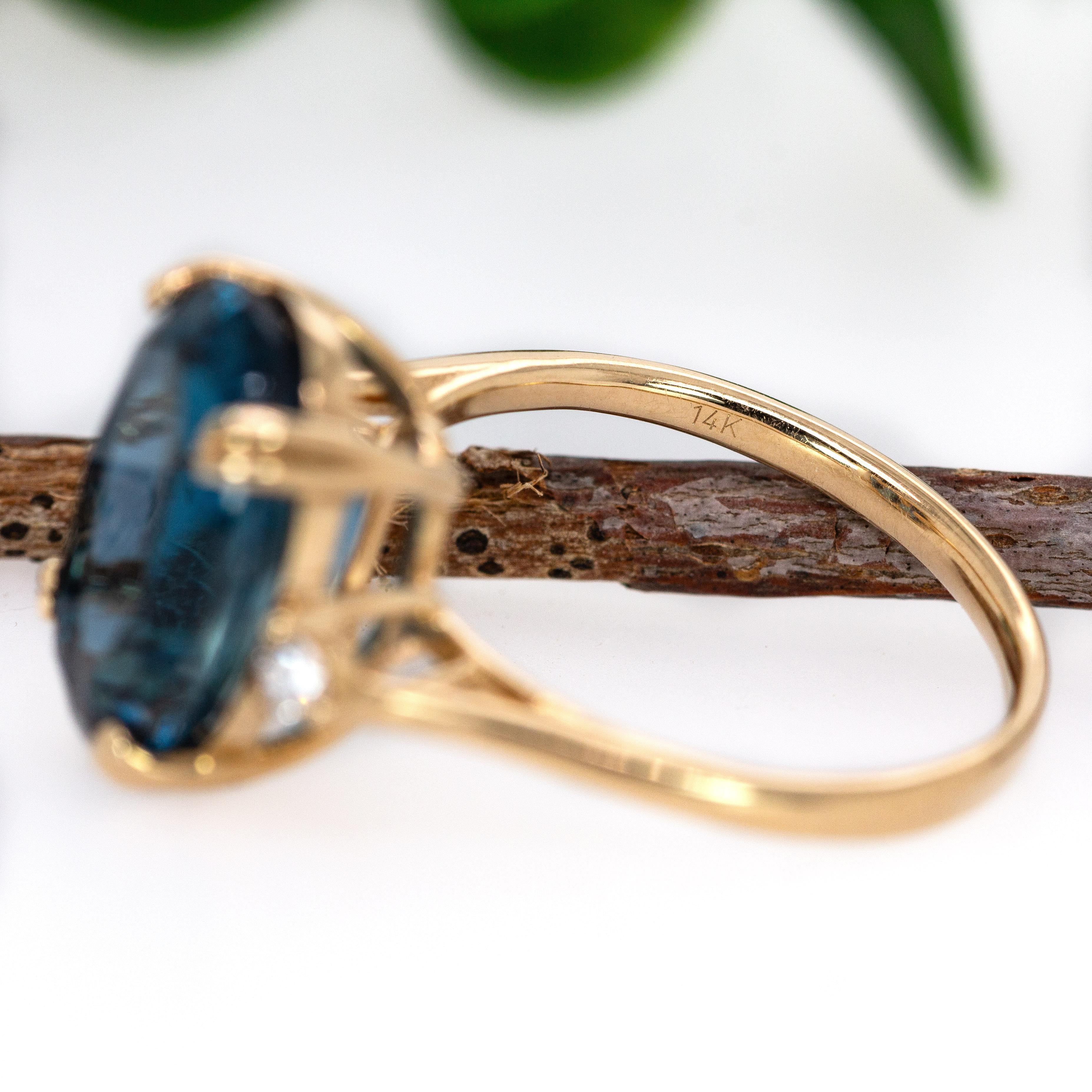 7.55cts London Blue Topaz Ring with Diamond Accents in 14K Solid Gold  14x10mm For Sale 2