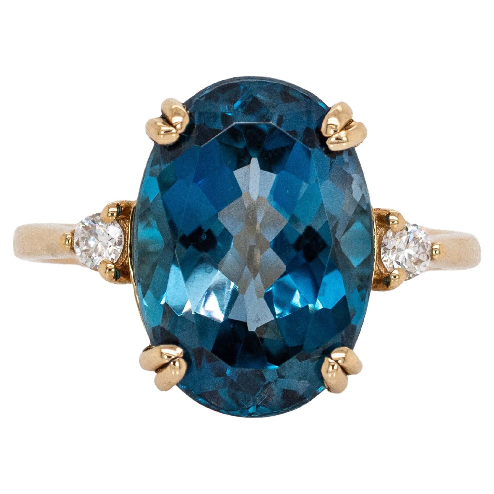 7.55cts London Blue Topaz Ring with Diamond Accents in 14K Solid Gold  14x10mm