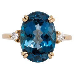 7.55cts London Blue Topaz Ring with Diamond Accents in 14K Solid Gold  14x10mm